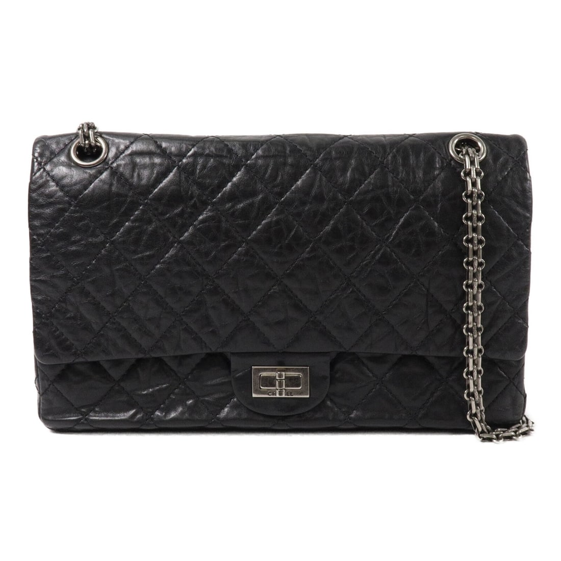 CHANEL 2.55 A37587 Large Black Calfskin Shoulder Bag: CHANEL 2.55 A37587 Large Black Calfskin Shoulder Bag CHANEL CC SHW 2.55 Large Chain Shoulder Bag in black calfskin (cowhide) leather. This shoulder bag features a turn lock closure, a black frame colo