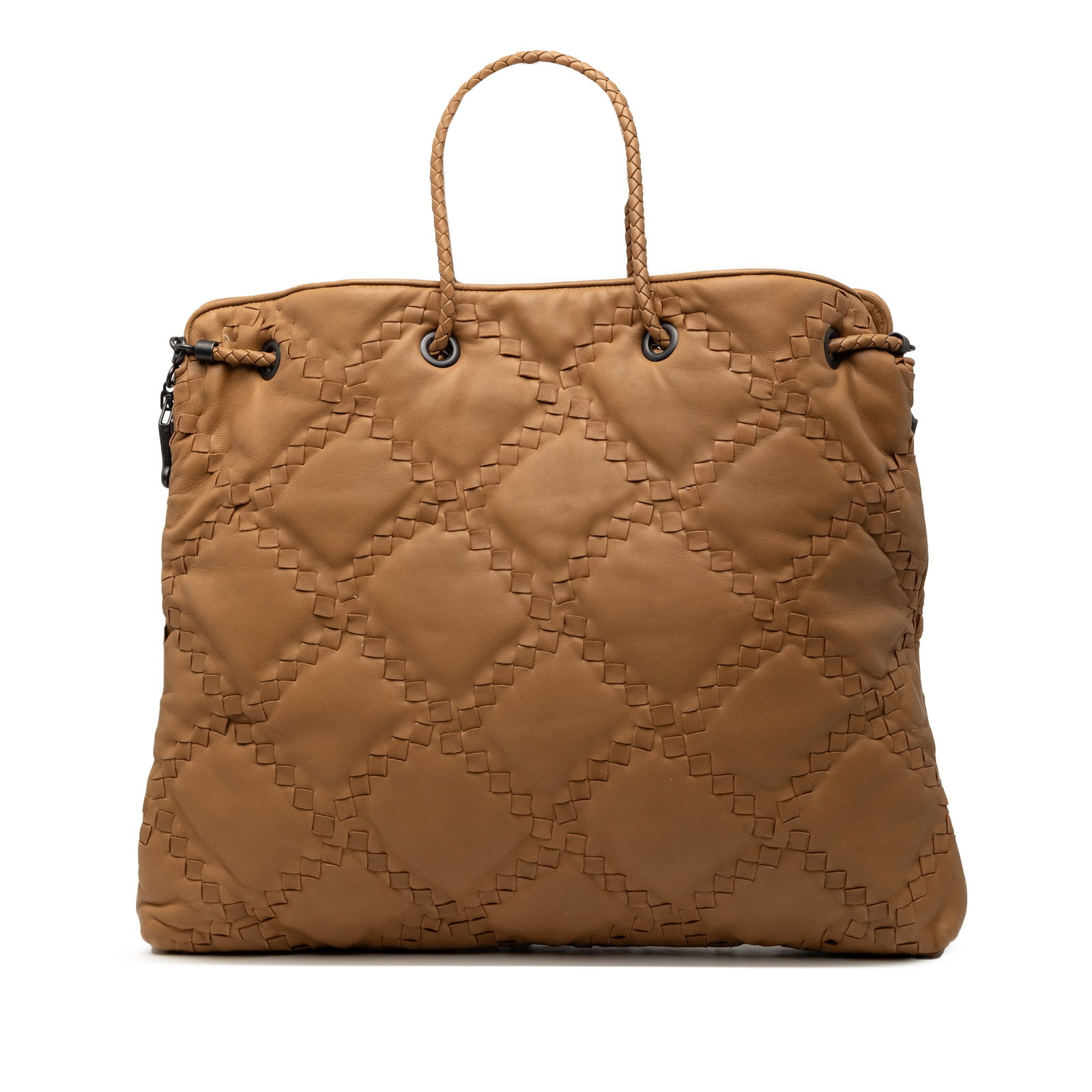 Bottega Veneta Croisette Intrecciato Leather Drawstring Tote Bag Brown: Bottega Veneta Croisette Intrecciato Leather Drawstring Tote Bag Brown This tote bag features a leather body with signature woven details, rolled braided leather straps, an open top with drawstring cl