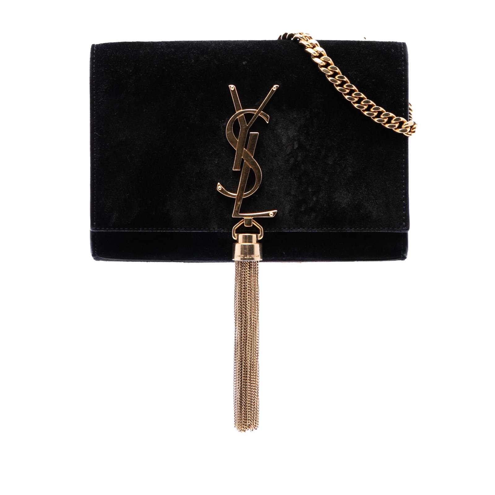 Saint Laurent Kate suede crossbody bag black tassel: Saint Laurent Kate suede crossbody bag black tassel This Saint Laurent Small Suede Monogram Kate Tassel Crossbody features a luxurious suede leather body in black, complemented by a chain link shoulde
