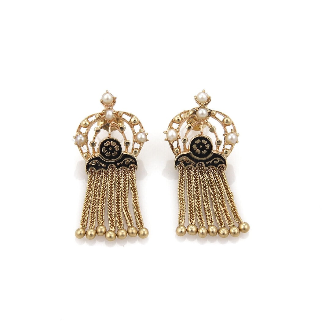 14k Yellow Gold Tassel Dangle Earrings with Pearls and Enamel: 14k Yellow Gold Tassel Dangle Earrings with Pearls and Enamel Vintage estate Victorian-inspired tassel dangle earrings crafted in 14k yellow gold with pearls and enamel accents. The design features mu