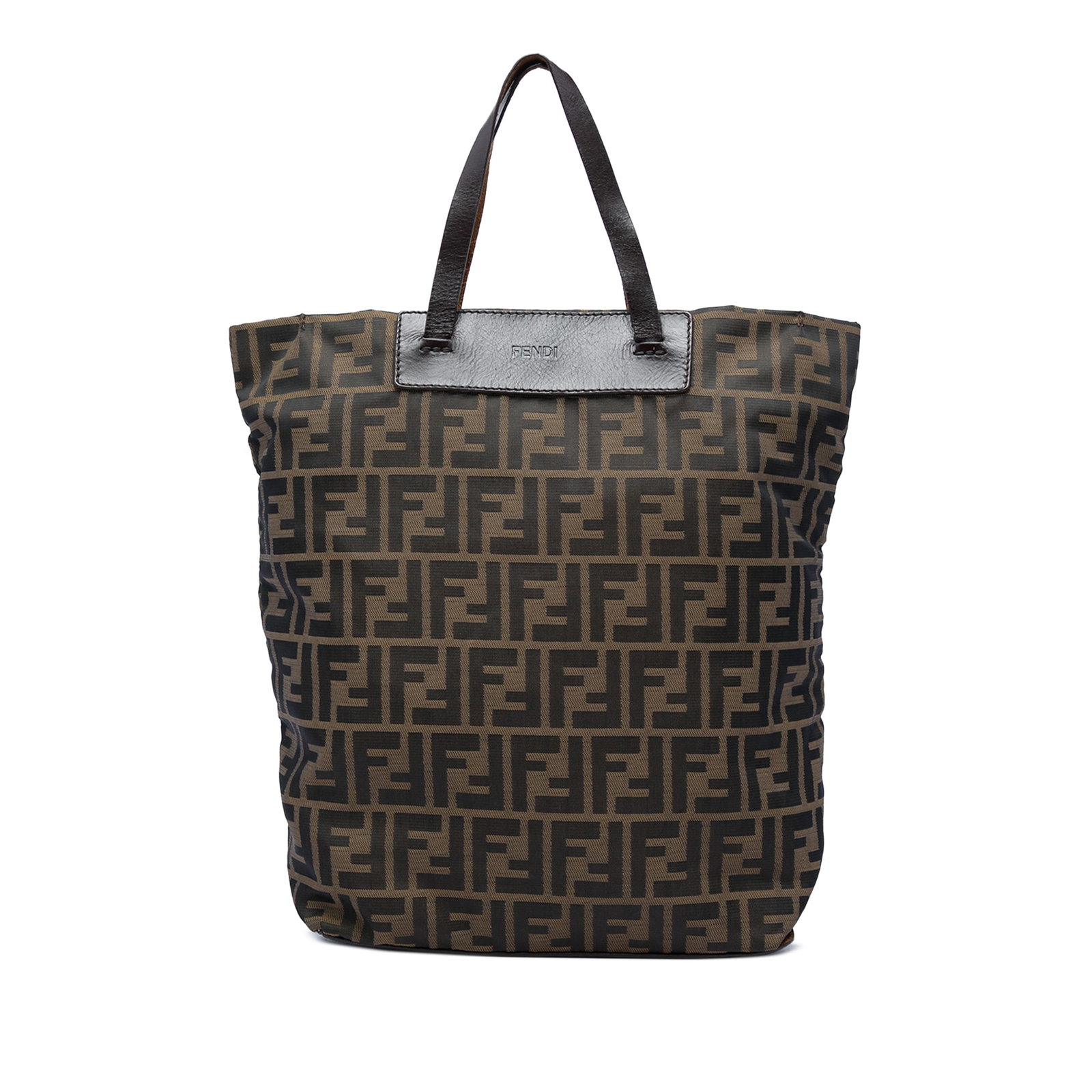 Brown Fendi Zucca Tote Bag Canvas and Leather Trim: Brown Fendi Zucca Tote Bag Canvas and Leather Trim Brown tote bag with a canvas body, leather trim, and flat leather handles. It has an open top with a snap button closure. Made in Italy and identifie