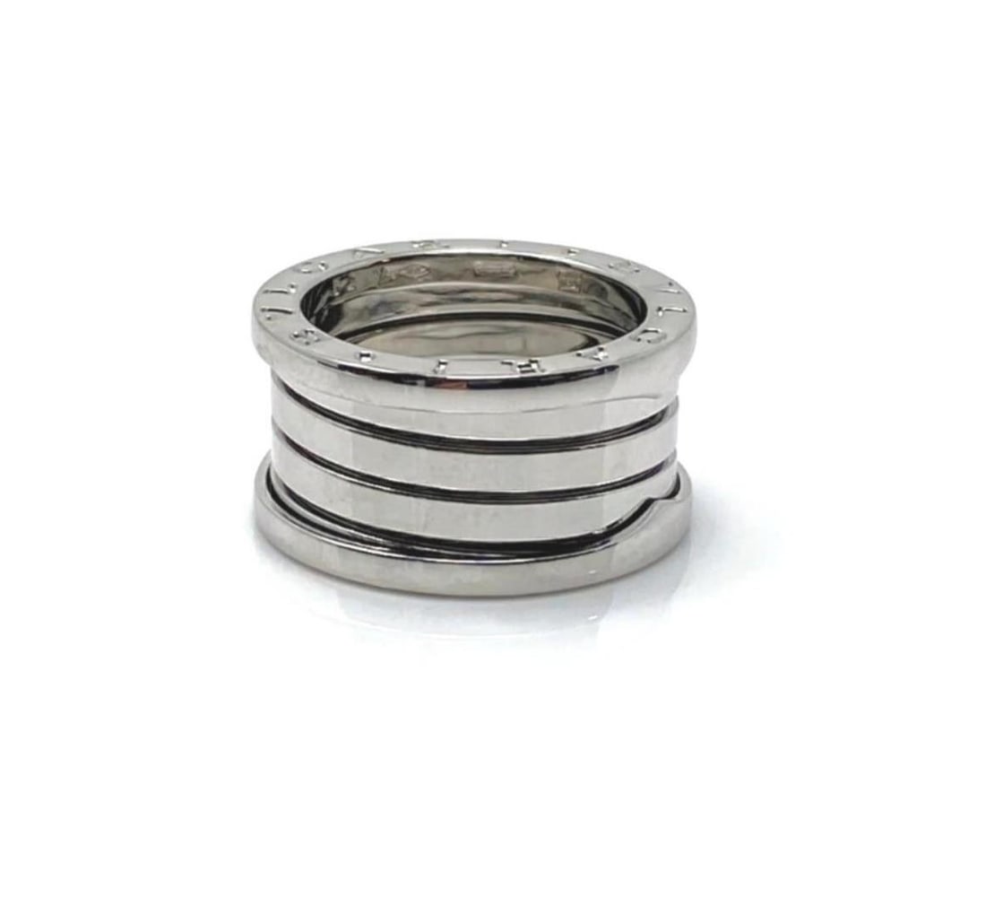 Bvlgari B.zero1 18k White Gold Four Band Ring US 6 EU 52: Bvlgari B.zero1 18k White Gold Four Band Ring US 6 EU 52 Bvlgari B.zero1 Four-Band ring crafted in 18k white gold with a polished finish and iconic spiral silhouette. It features a bold four-band desi