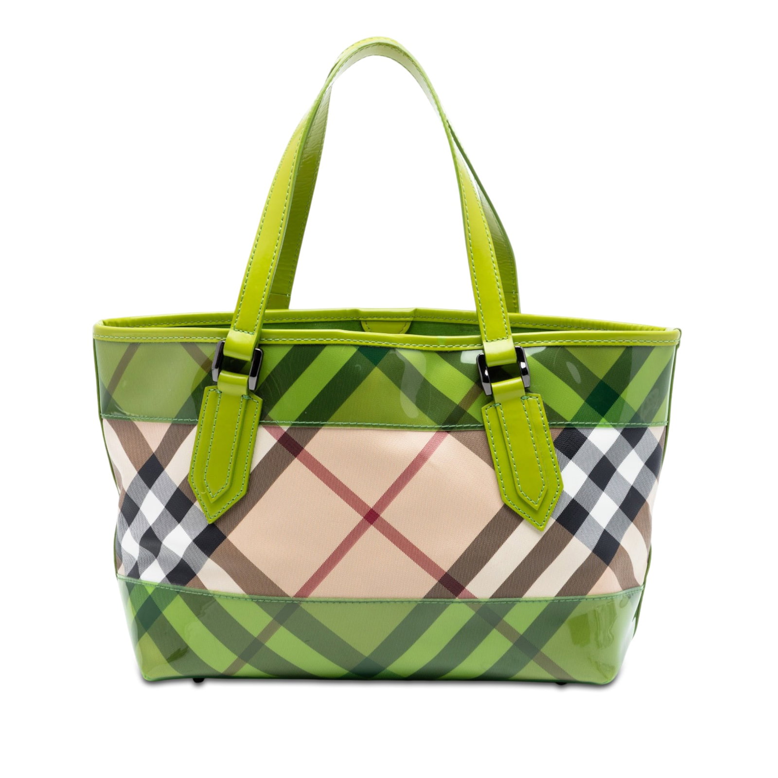 Burberry Supernova Check Coated Canvas Tote with Patent Leather Trim: Burberry Supernova Check Coated Canvas Tote with Patent Leather Trim Burberry tote bag in coated canvas with patent leather trim and handles. The bag features an open top and an interior with zip and 