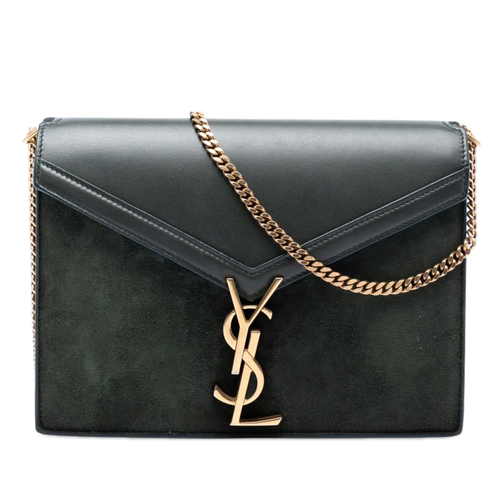 Saint Laurent Cassandra Monogram Flap Bag in Green Suede Calfskin: Saint Laurent Cassandra Monogram Flap Bag in Green Suede Calfskin Saint Laurent Cassandra clasp bag crafted in suede and calf leather with a green finish. This shoulder bag features a gold-tone chain 