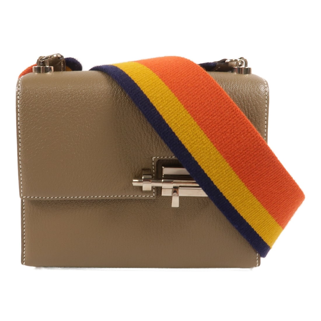 Hermes Mini Verrou Chevre Goatskin Shoulder Bag Etoupe PHW: Hermes Mini Verrou Chevre Goatskin Shoulder Bag Etoupe PHW Hermes Mini Verrou shoulder bag in Chevre leather, presented in Etoupe Grey. This women's shoulder bag is made in France and comes with a sto