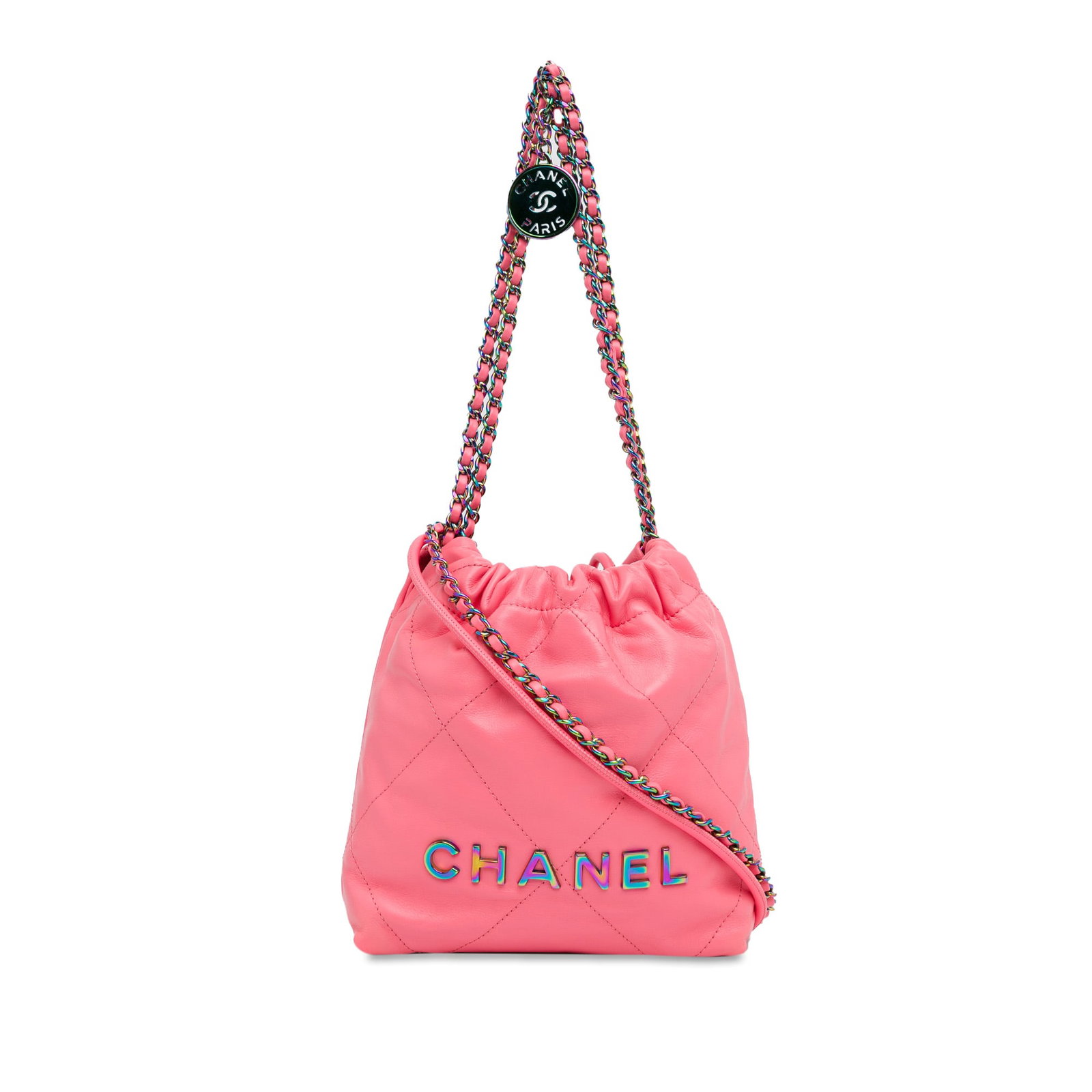 Chanel Mini Rainbow Hardware 22 Handbag in Pink Leather: Chanel Mini Rainbow Hardware 22 Handbag in Pink Leather This exquisite Chanel Mini Handbag is crafted from shiny calfskin leather, featuring a vibrant pink hue complemented by rainbow hardware. The de