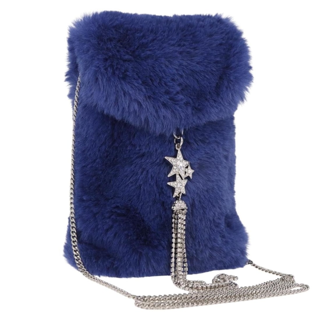 Jimmy Choo blue silver acrylic fur phone pouch with chain strap: Jimmy Choo blue silver acrylic fur phone pouch with chain strap A Jimmy Choo women's pouch-style phone holder in blue and silver, made in Italy. It is crafted from acrylic fur and comes with a dust ba