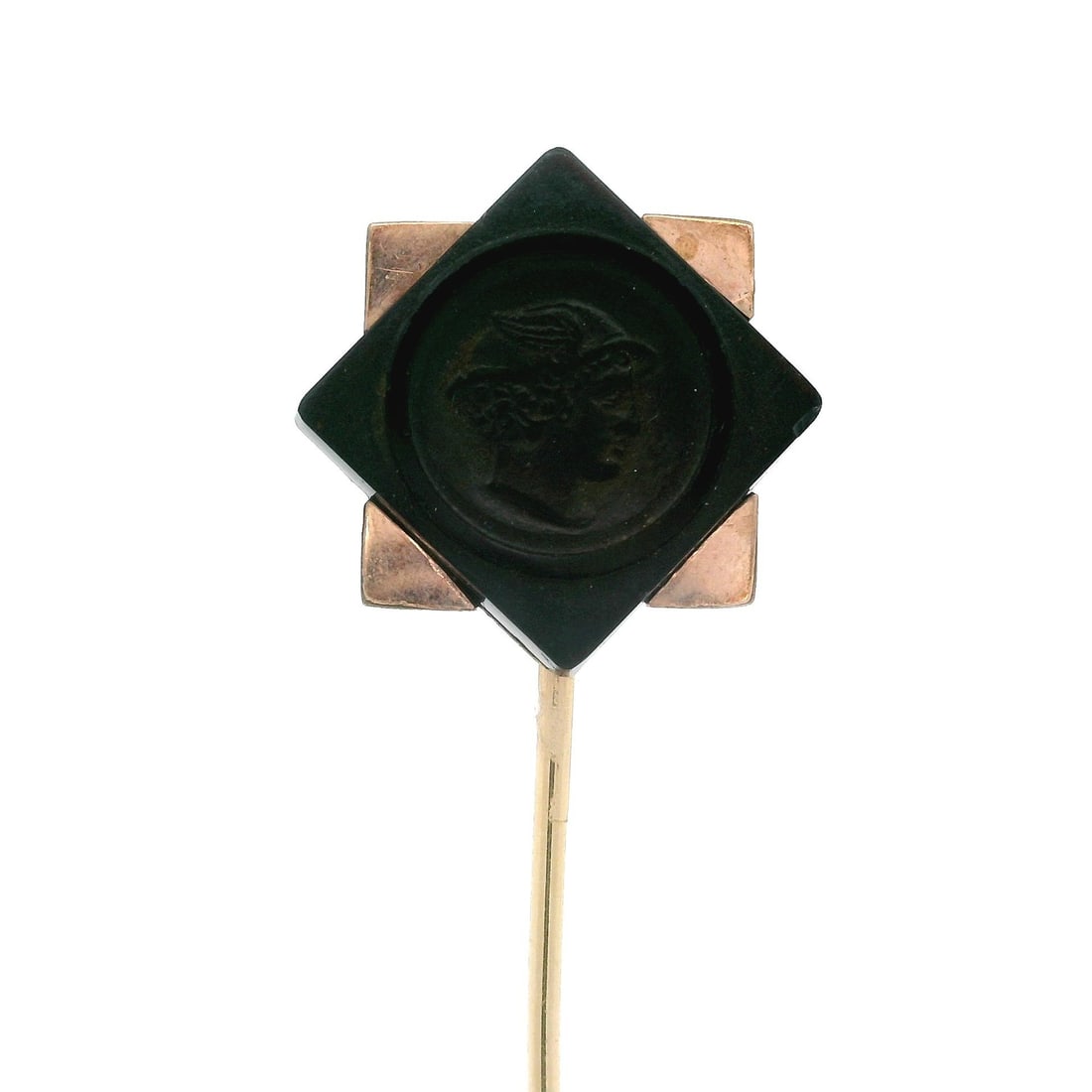 Antique 14k Yellow Gold Black Onyx Carved Intaglio Stick Pin: Antique 14k Yellow Gold Black Onyx Carved Intaglio Stick Pin This exquisite antique stick pin features a striking carved intaglio design made from natural black onyx, elegantly set in solid 14k yellow