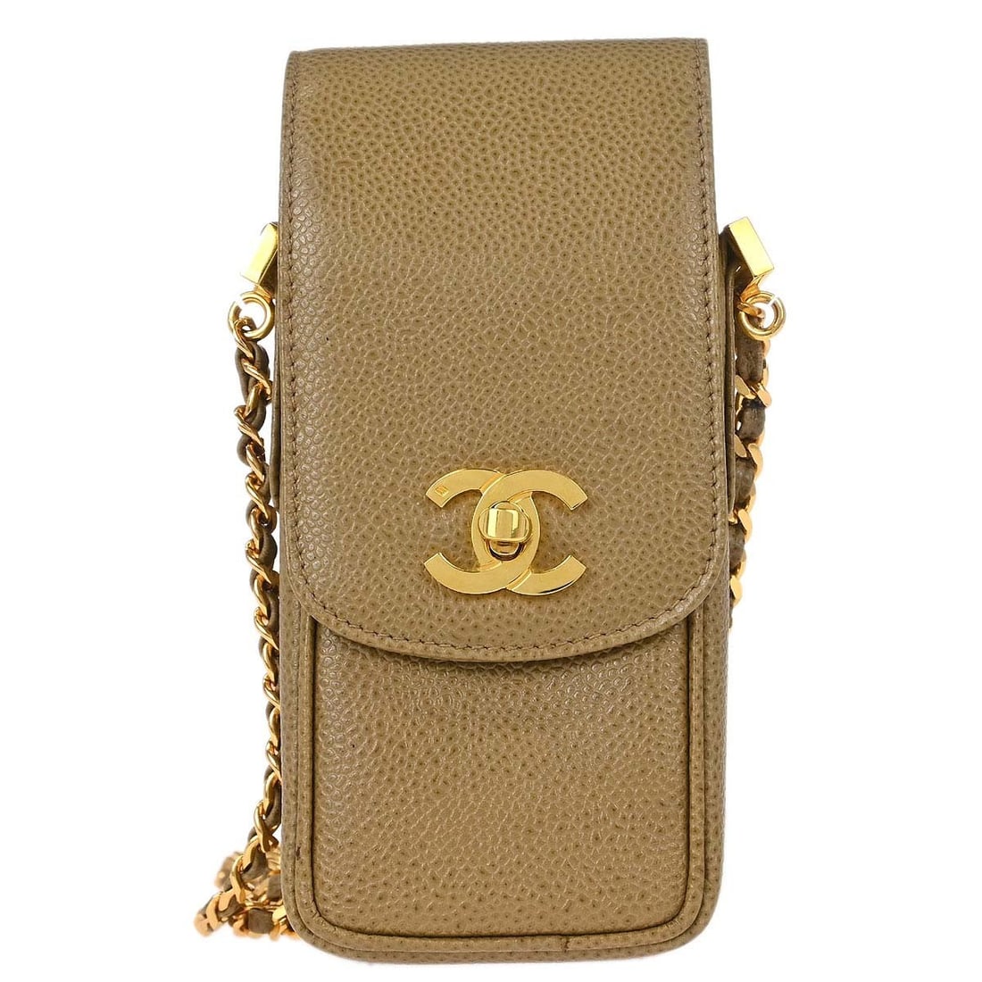 CHANEL Chain Shoulder Bag Beige Caviar Leather Phone Pochette: CHANEL Chain Shoulder Bag Beige Caviar Leather Phone Pochette Compact Chanel pochette-style chain shoulder bag in beige caviar skin leather with a flap closure, chain strap, logo accent, and leather l