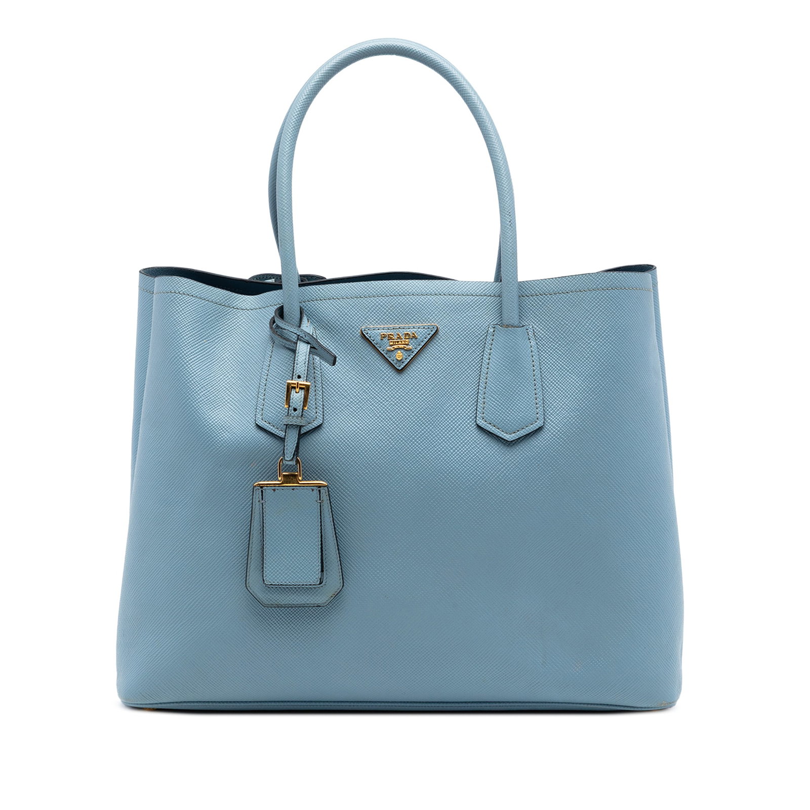 Prada Blue Saffiano Cuir Double Satchel: Prada Blue Saffiano Cuir Double Satchel This Prada Large Saffiano Cuir Double Satchel is crafted from saffiano Cuir leather in blue and features rolled leather handles and an open top with side snap b