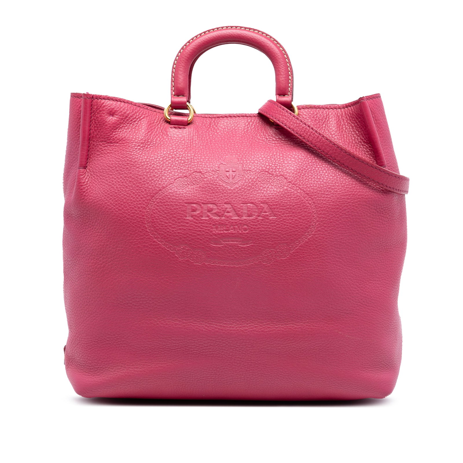 Prada Vitello Daino Pink Leather Convertible Satchel with Embossed Logo: Prada Vitello Daino Pink Leather Convertible Satchel with Embossed Logo This Prada Vitello Daino Embossed Canapa Logo Open Convertible Tote features a leather body in pink, flat leather handles, and a