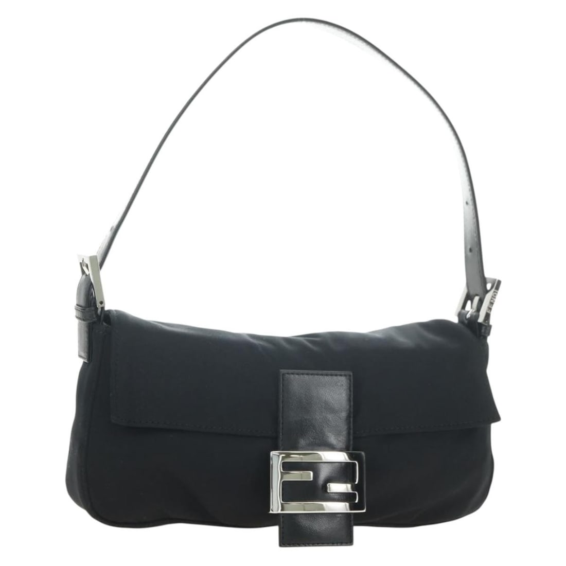 FENDI Mamma Baguette Cotton Shoulder Bag Black Silver Italy: FENDI Mamma Baguette Cotton Shoulder Bag Black Silver Italy Fendi Mamma Baguette shoulder bag in black and silver cotton, made in Italy. This women's shoulder bag features a compact silhouette with a 