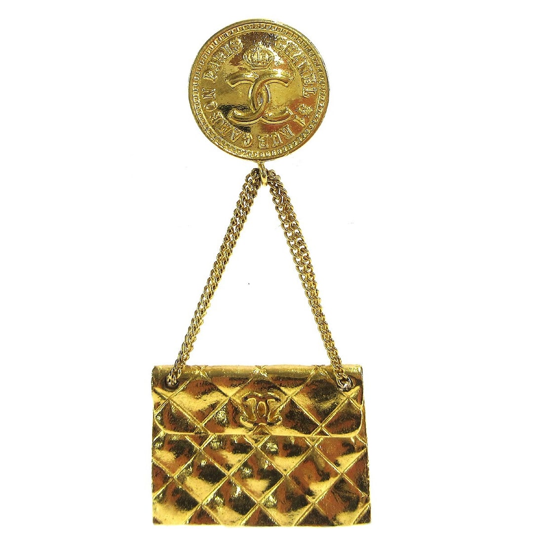 CHANEL CC Quilted Bag Motif Gold Plated Brooch Pin: CHANEL CC Quilted Bag Motif Gold Plated Brooch Pin Gold-plated CHANEL brooch in a quilted bag motif with a gold-tone finish. Made in France, this pin features the brand's signature handbag-inspired de