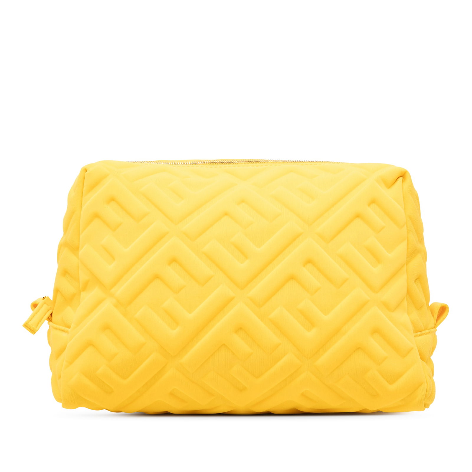 Fendi Yellow Embossed Nylon Cosmetic Bag with Zip Closure: Fendi Yellow Embossed Nylon Cosmetic Bag with Zip Closure This Fendi Zucca cosmetic pouch features an embossed technical nylon fabric in yellow with a top zip closure. The pouch exhibits stains on the