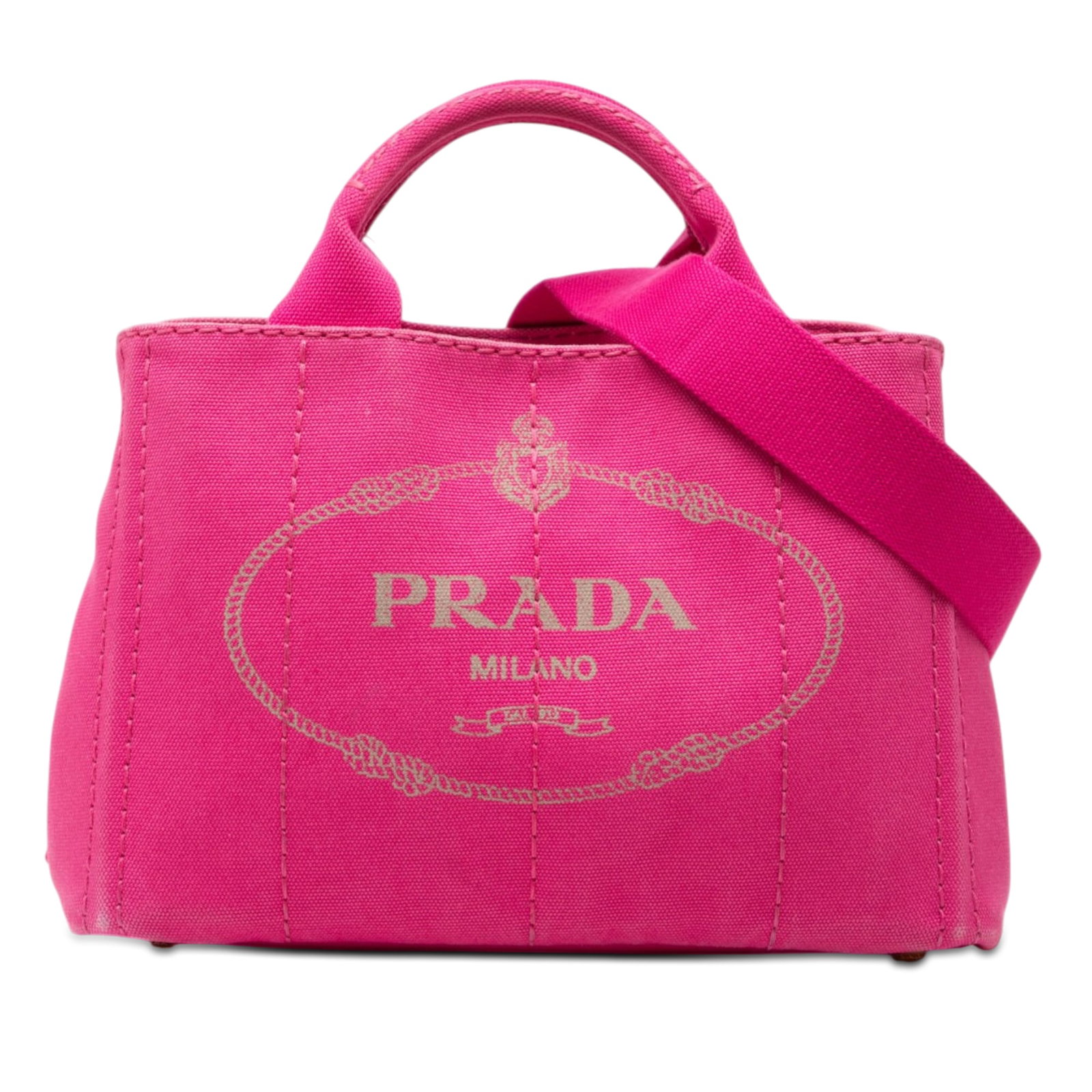 Prada Pink Canapa Canvas Satchel with Detachable Strap: Prada Pink Canapa Canvas Satchel with Detachable Strap This Prada Small Canvas Canapa Logo Satchel is crafted from durable pink canvas and features rolled handles, a detachable flat strap, and an open