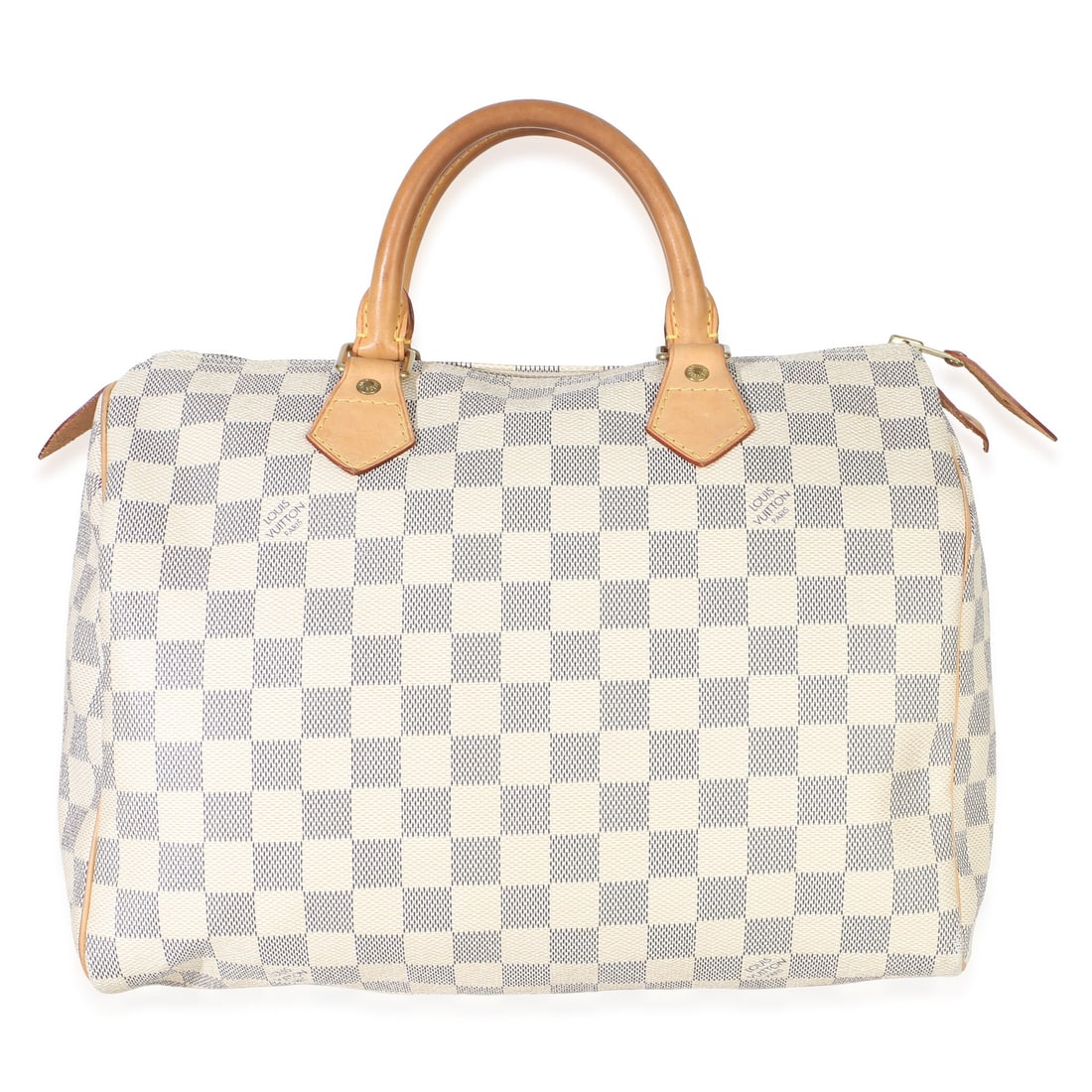 Louis Vuitton Speedy 30 Damier Azur canvas handbag: Louis Vuitton Speedy 30 Damier Azur canvas handbag Pre-owned Louis Vuitton Speedy 30 handbag in Damier Azur canvas with a beige fabric lining. This top handle bag features a zip-top closure, gold-tone
