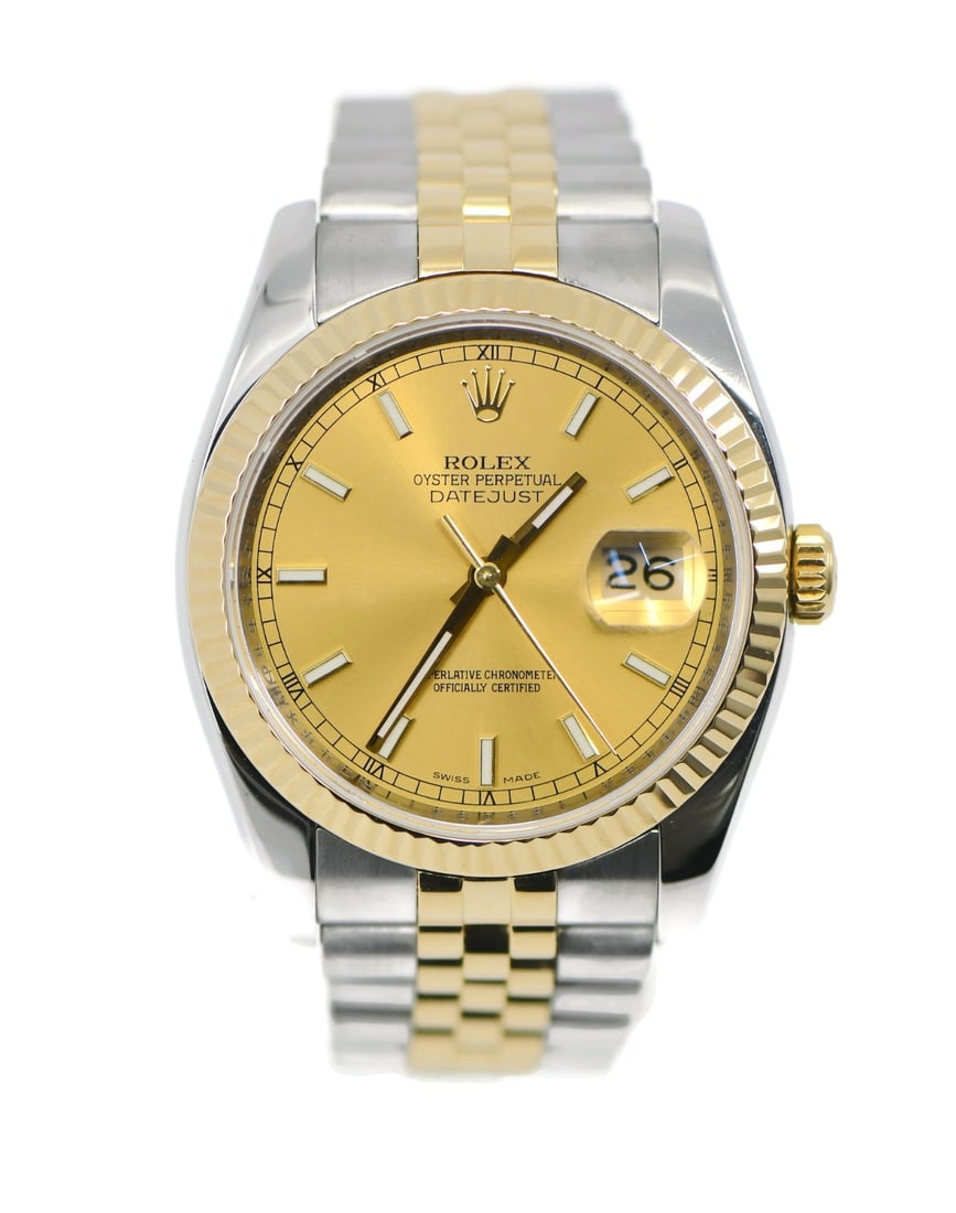 Rolex Datejust 116233 Automatic Wristwatch 18K and Stainless Steel: Rolex Datejust 116233 Automatic Wristwatch 18K and Stainless Steel Pre-owned Rolex Datejust wristwatch with automatic movement and analog display. This unisex model features a champagne dial and an 18