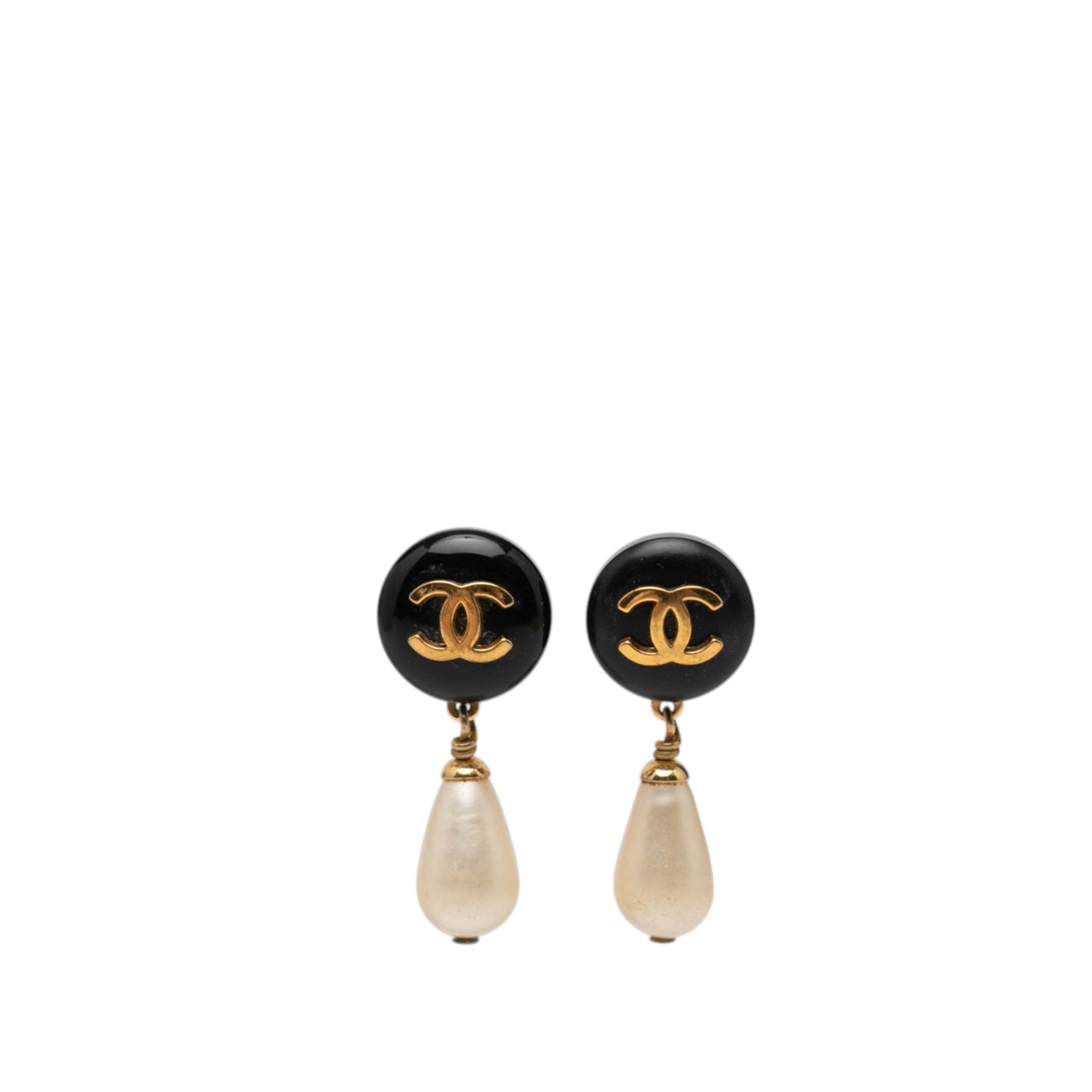 Chanel CC clip on faux pearl resin drop earrings: Chanel CC clip on faux pearl resin drop earrings These Chanel CC drop earrings feature gold-plated metal and resin construction, accented with faux pearl attachments. Designed with clip-on closures, t