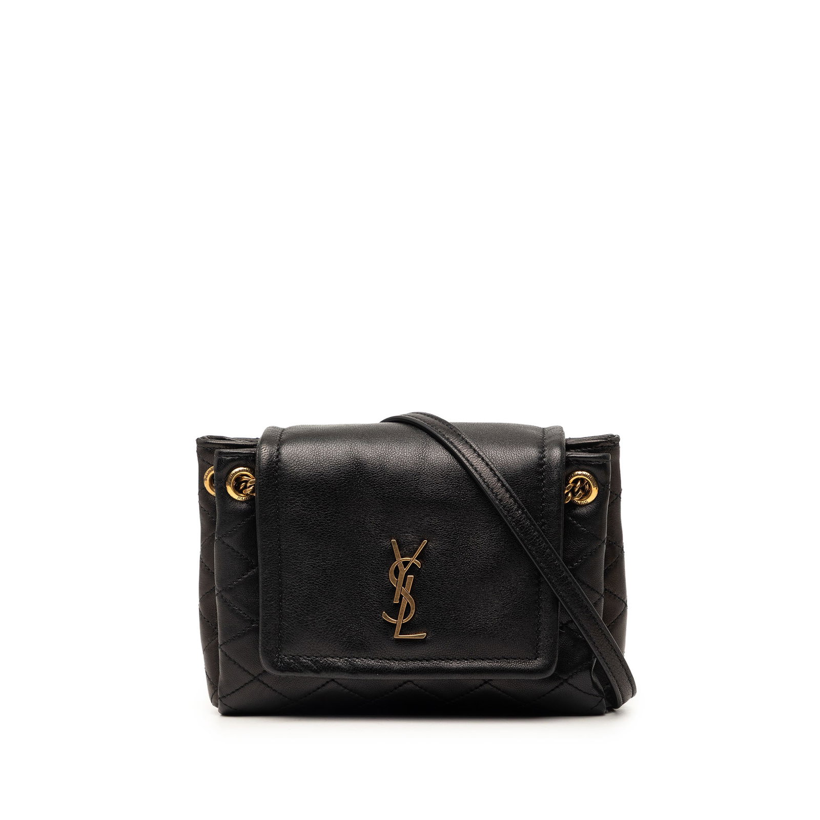 Saint Laurent Nolita Mini Crossbody in Quilted Black Lambskin: Saint Laurent Nolita Mini Crossbody in Quilted Black Lambskin Saint Laurent Mini Nolita crossbody bag in black quilted lambskin leather with a monogram front flap. It features a gold-tone curb chain a