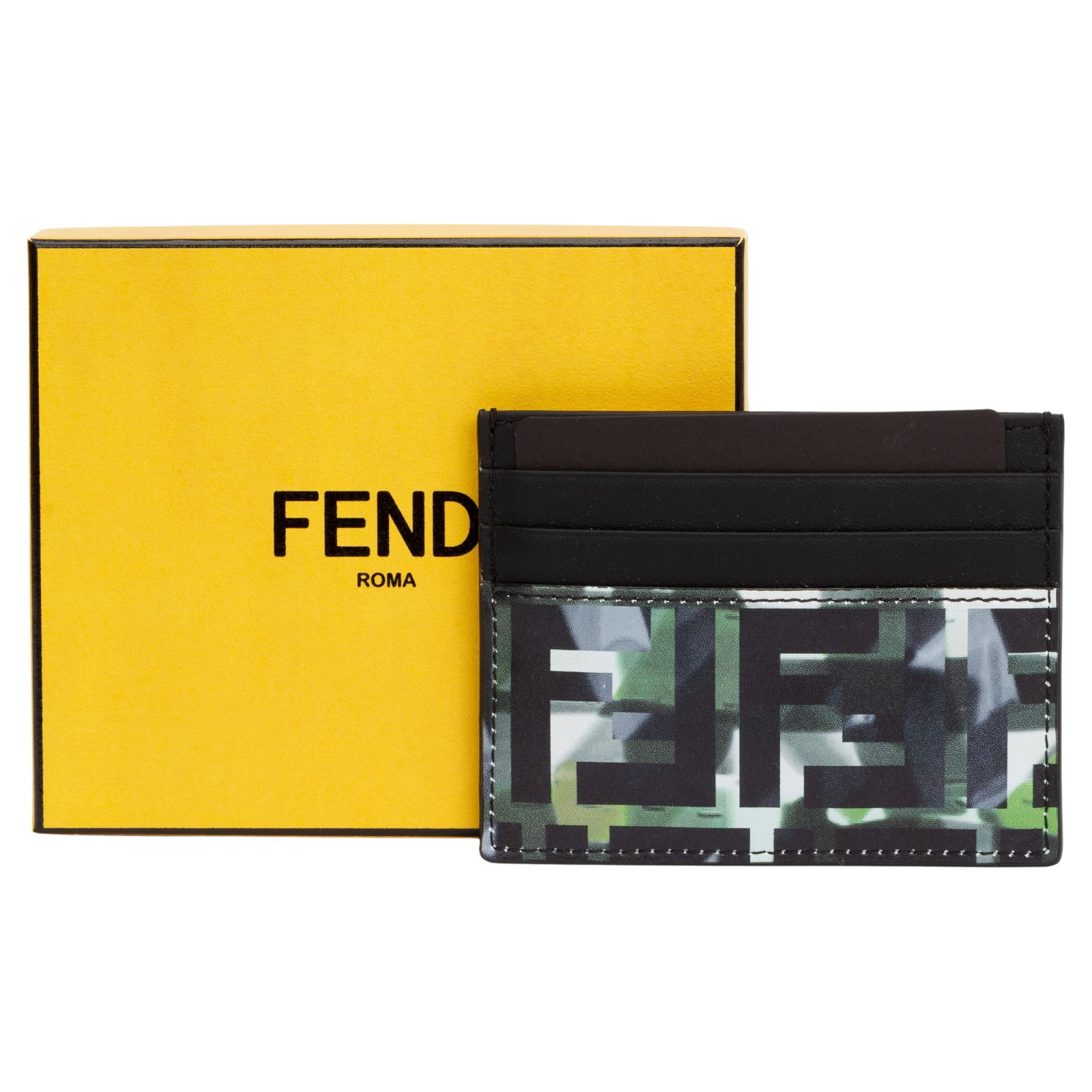Fendi Green Black Multi Logo Card Holder with Box and Dust Cover: Fendi Green Black Multi Logo Card Holder with Box and Dust Cover Introducing a stylish and sophisticated Fendi card holder, perfect for keeping your essentials organized. This new black and green mult
