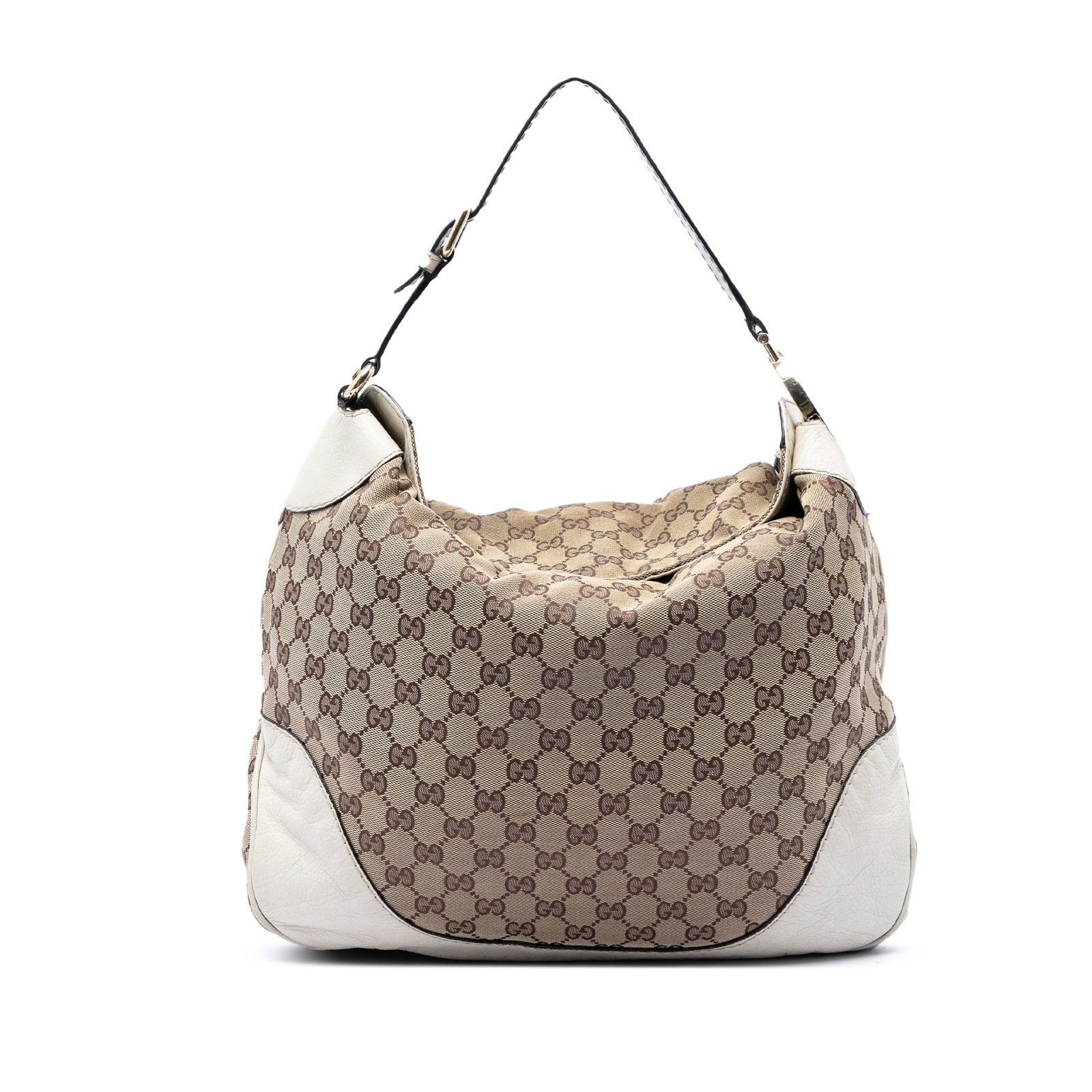 Gucci Charlotte Hobo Bag in Beige GG Canvas: Gucci Charlotte Hobo Bag in Beige GG Canvas Gucci GG Canvas Charlotte Hobo bag featuring a canvas body with leather trim, a flat leather strap with G hardware, foldover closure, and an interior zip po