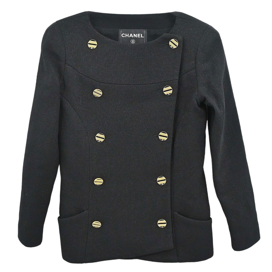 CHANEL P61741V46964 Black Wool Collarless Jacket FR 34: CHANEL P61741V46964 Black Wool Collarless Jacket FR 34 Vintage Chanel collarless jacket in black with a regular fit and mid-length silhouette. This women's long-sleeve jacket features a button closure