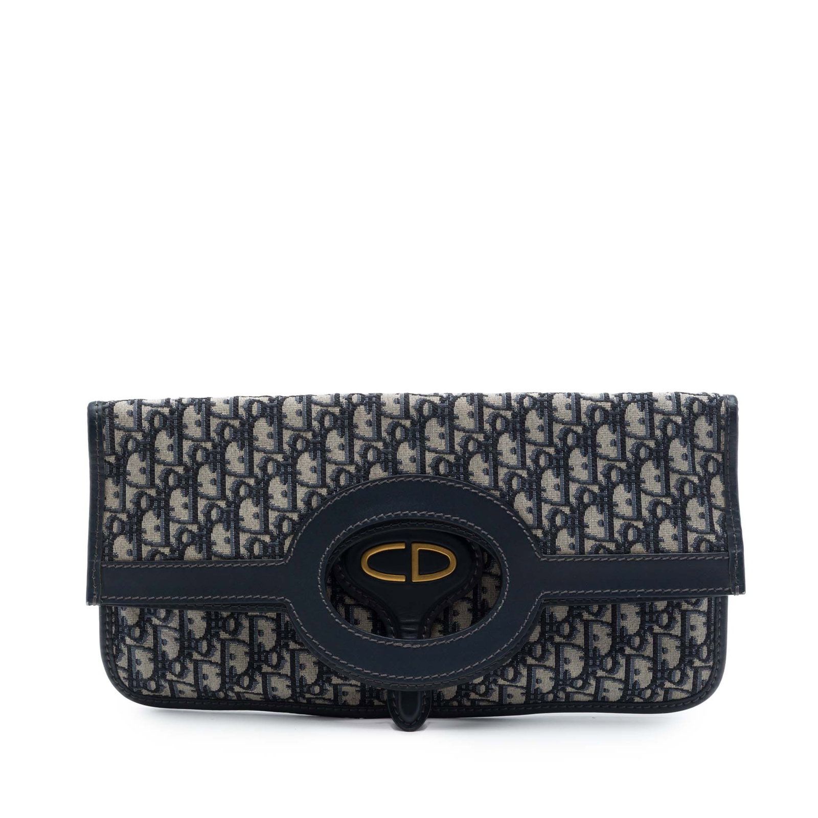 Dior Oblique Canvas Clutch Bag with Leather Trim Blue: Dior Oblique Canvas Clutch Bag with Leather Trim Blue A Dior Oblique Canvas Fold Over Clutch bag featuring a foldable and expandable canvas body with leather trim, flat cut-out leather handles, an ope