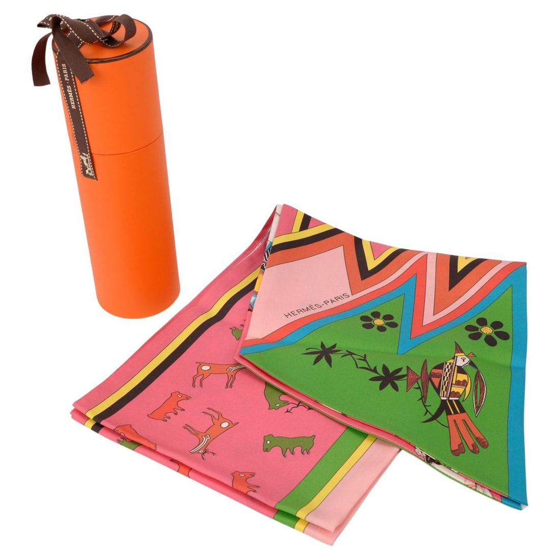 Hermes Kachinas Maxi Twilly Scarf 100 Silk by Kermit Oliver with Box: Hermes Kachinas Maxi Twilly Scarf 100 Silk by Kermit Oliver with Box Hermes Silk Kachinas Maxi Twilly scarf crafted from 100% silk features a vibrant design with Native American ceremonial spirit figu