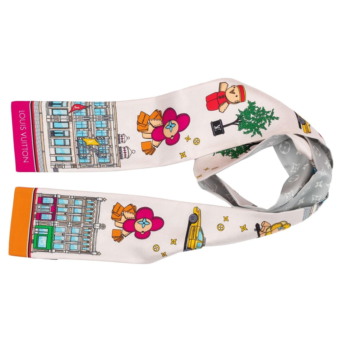 Louis Vuitton Vivienne Bandeau Silk Monogram Scarf Limited Edition: Louis Vuitton Vivienne Bandeau Silk Monogram Scarf Limited Edition Limited edition Louis Vuitton bandeau scarf featuring the Monogram Soho Vivienne design in light gray, with a print of the Vivienne m