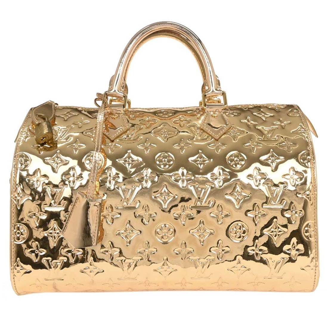 Louis Vuitton Speedy 30 Gold Monogram Miroir Hand Bag M95272: Louis Vuitton Speedy 30 Gold Monogram Miroir Hand Bag M95272 Louis Vuitton Speedy 30 handbag in gold Monogram Miroir vinyl with double handles, zip closure, canvas lining, and inner pockets. Made in F