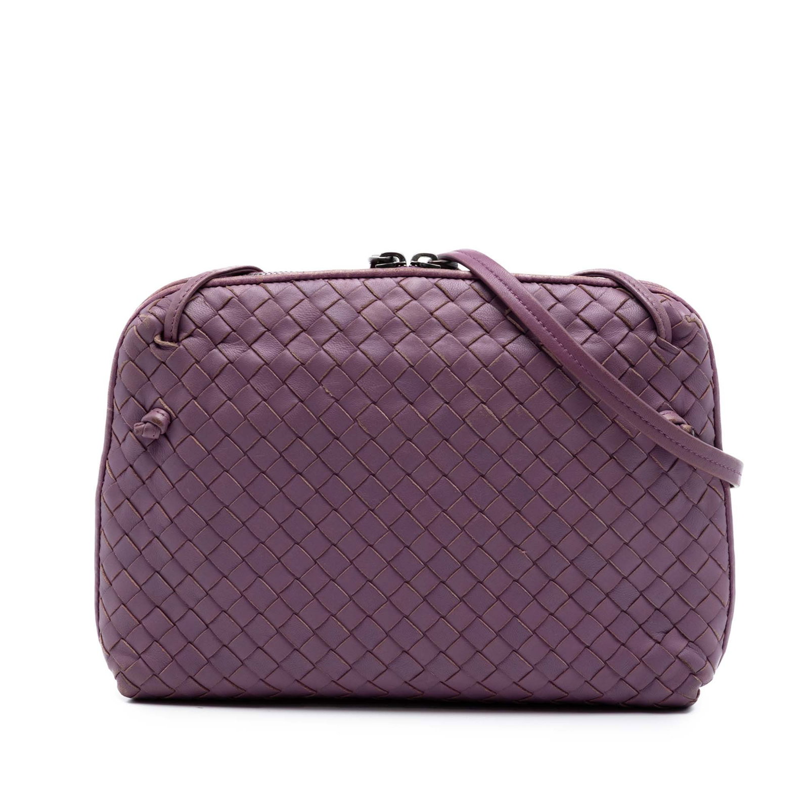 Bottega Veneta Purple Intrecciato Leather Nodini Crossbody Bag: Bottega Veneta Purple Intrecciato Leather Nodini Crossbody Bag This Bottega Veneta Nappa Intrecciato Nodini Crossbody bag features the brand's signature woven leather design in a purple hue. It is cra