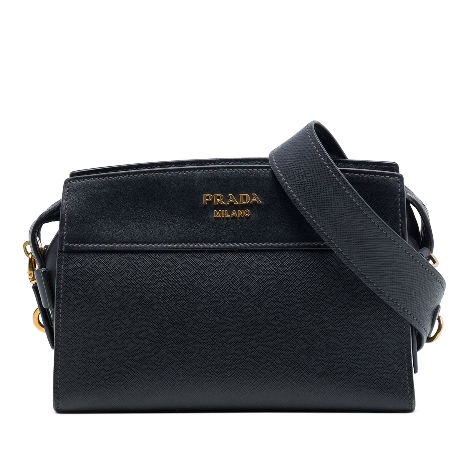 Prada Esplanade Crossbody Bag Saffiano City Calf Leather Black: Prada Esplanade Crossbody Bag Saffiano City Calf Leather Black Prada Esplanade crossbody bag in black leather, featuring a saffiano leather body and City Calf detailing. It includes a detachable flat 