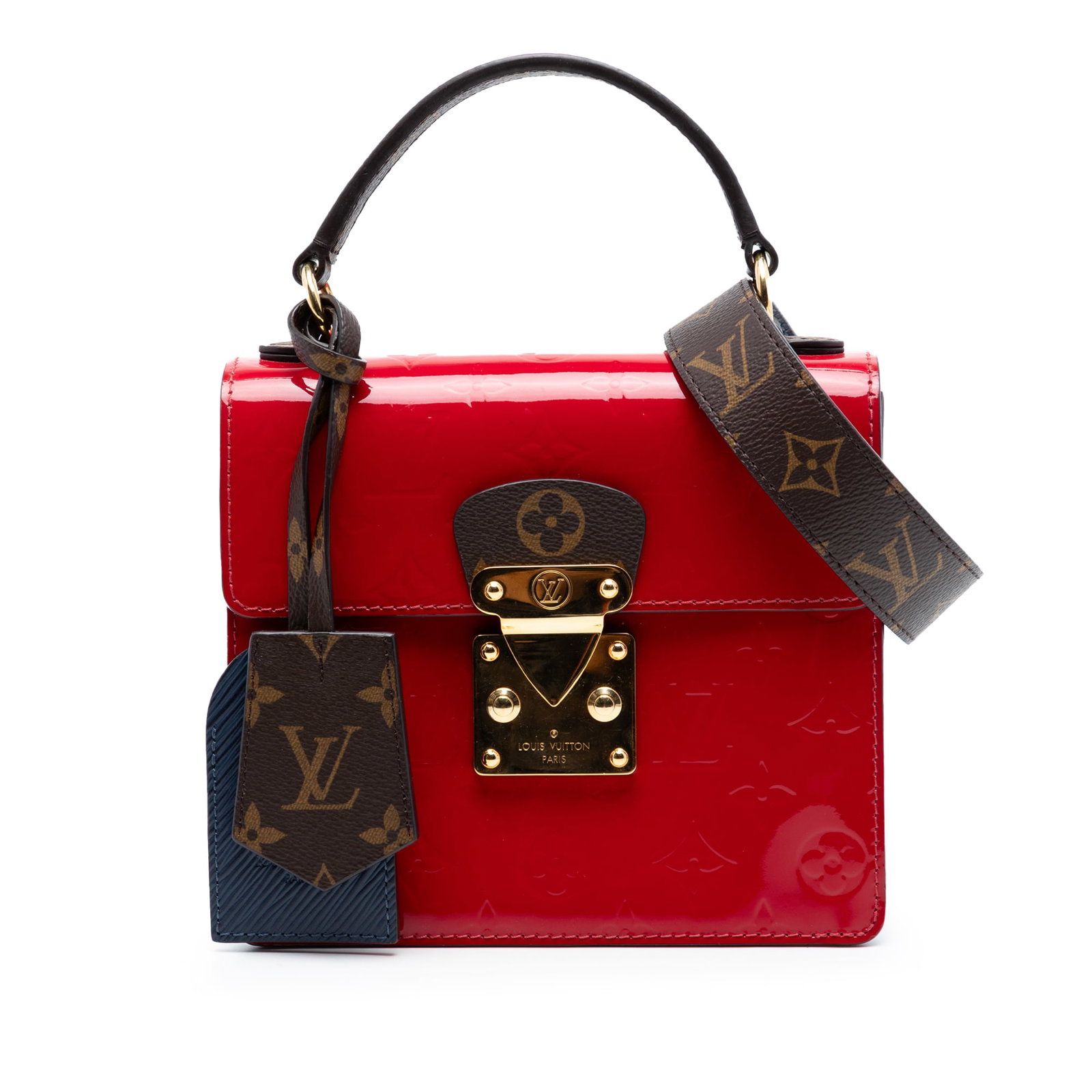Louis Vuitton Spring Street Red Vernis Leather Bag: Louis Vuitton Spring Street Red Vernis Leather Bag This Louis Vuitton Monogram Vernis Spring Street bag showcases a glossy monogram vernis leather exterior in red, complemented by a flat handle and a 