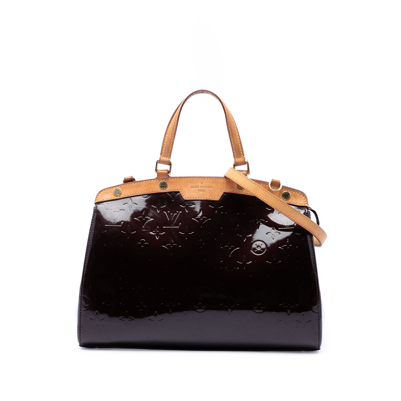 Louis Vuitton Brea PM Monogram Vernis Purple Leather Handbag: Louis Vuitton Brea PM Monogram Vernis Purple Leather Handbag Louis Vuitton Monogram Vernis Brea PM handbag in purple vernis leather with flat vachetta leather handles and a detachable, adjustable flat