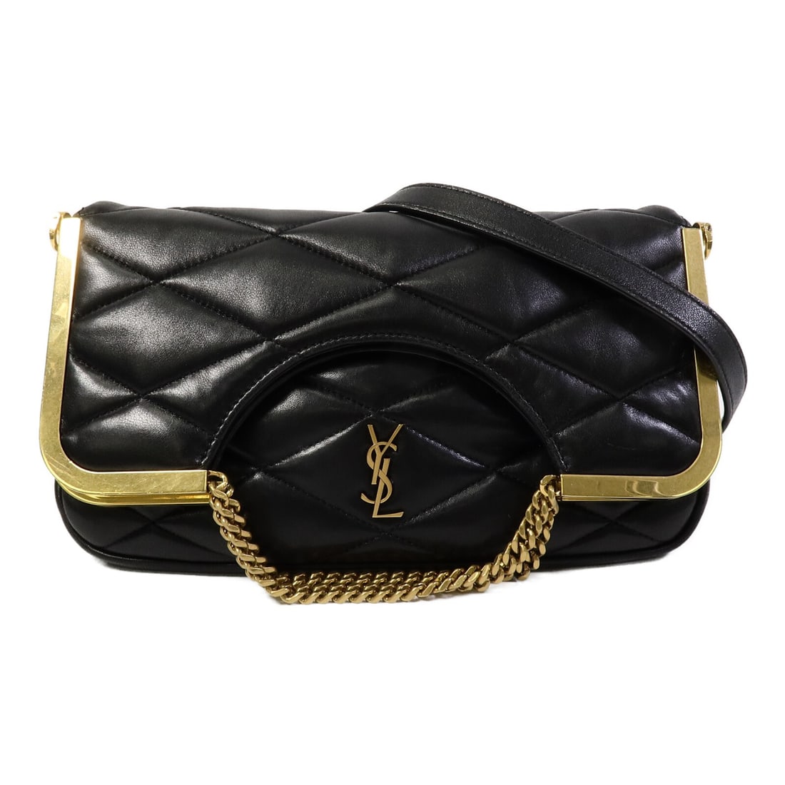 Yves Saint Laurent YSL 87 Lambskin 2 Way Shoulder Bag Black GUE754001: Yves Saint Laurent YSL 87 Lambskin 2 Way Shoulder Bag Black GUE754001 This YVES SAINT LAURENT YSL 87 Frame Fold Over Bag is a 2way shoulder bag crafted from black lambskin (sheep leather). It features