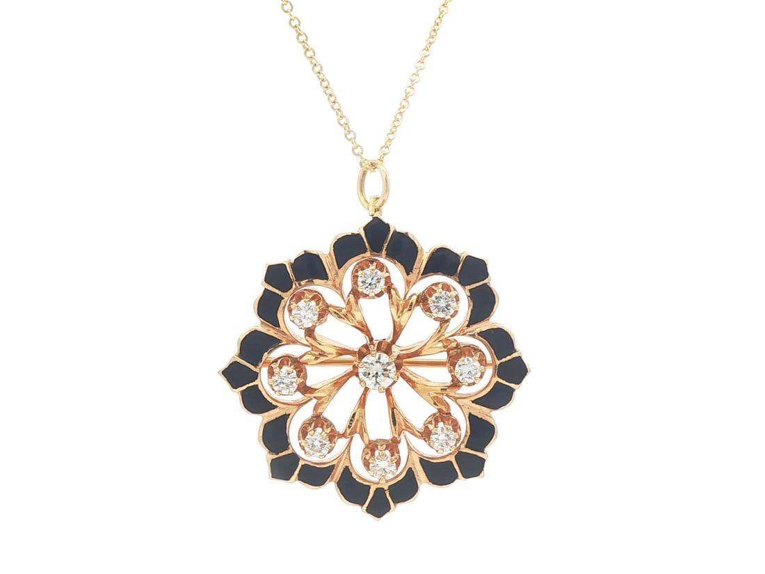 Diamond and Blue Enamel 14k Gold Flower Pendant Brooch Necklace Vintage (1 of 11)