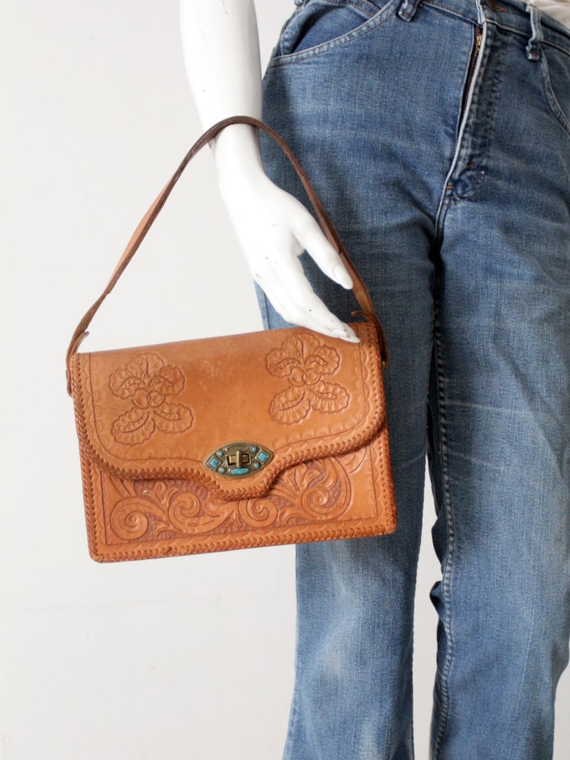 Vintage Southwestern Tooled Leather Handbag with Brass Twist Lock and Turquoise Accents (1 of 12)