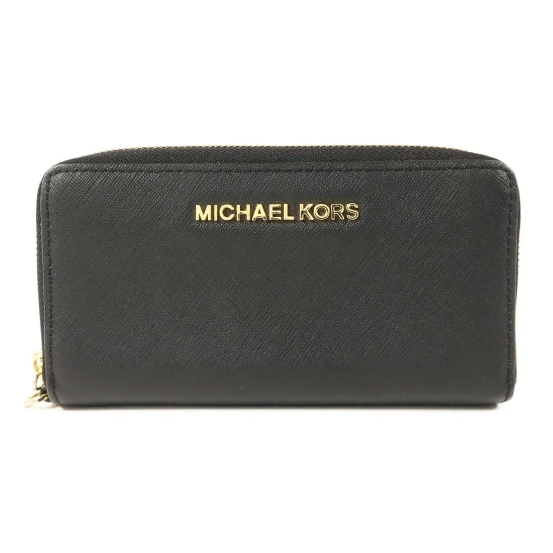 Michael Kors MK round wallet in black calfskin with zipper: Michael Kors MK round wallet in black calfskin with zipper This Michael Kors round wallet is crafted from black calfskin (cowhide) leather and features a zipper closure. It is designed for women and i