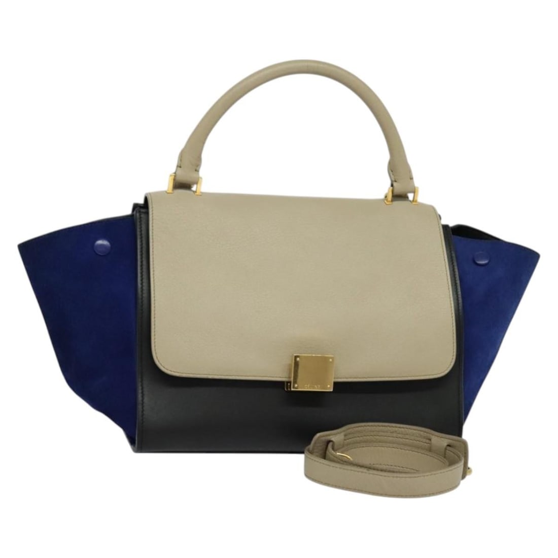 CELINE Trapeze Leather 2way Hand Bag Beige Gold Shoulder Strap: CELINE Trapeze Leather 2way Hand Bag Beige Gold Shoulder Strap CELINE Trapeze Hand Bag in beige and gold leather, presented as a 2-way hand bag with shoulder strap. Made in Italy, this piece includes 