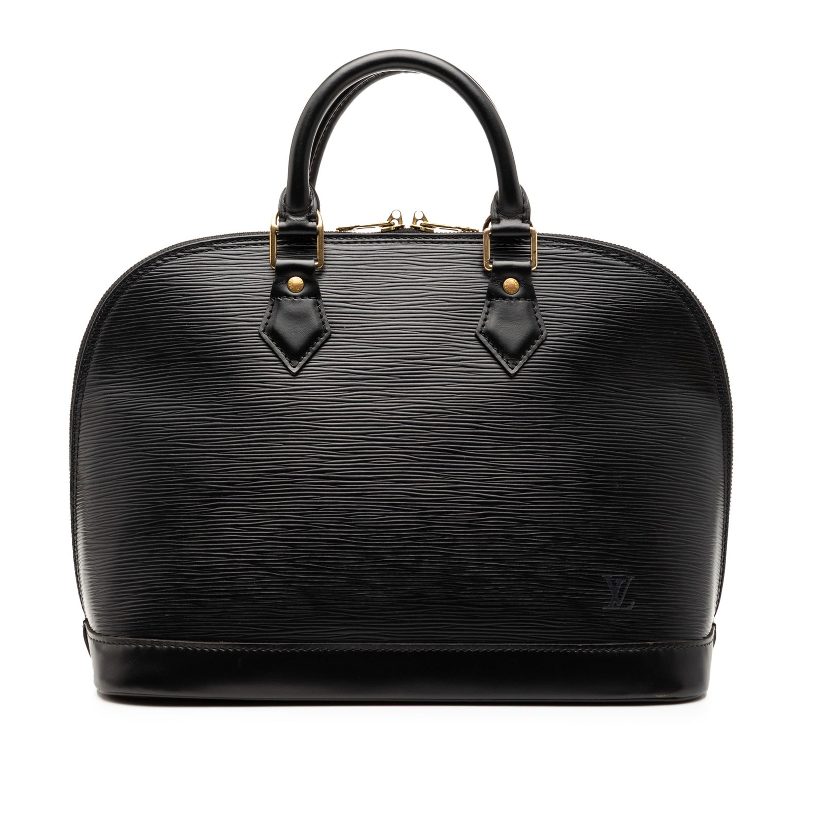 Black Epi Leather Alma PM Bag by Louis Vuitton: Black Epi Leather Alma PM Bag by Louis Vuitton This Louis Vuitton Epi Alma PM handbag features a structured body crafted from signature Epi leather, rolled handles, a top zip closure, and an interior 