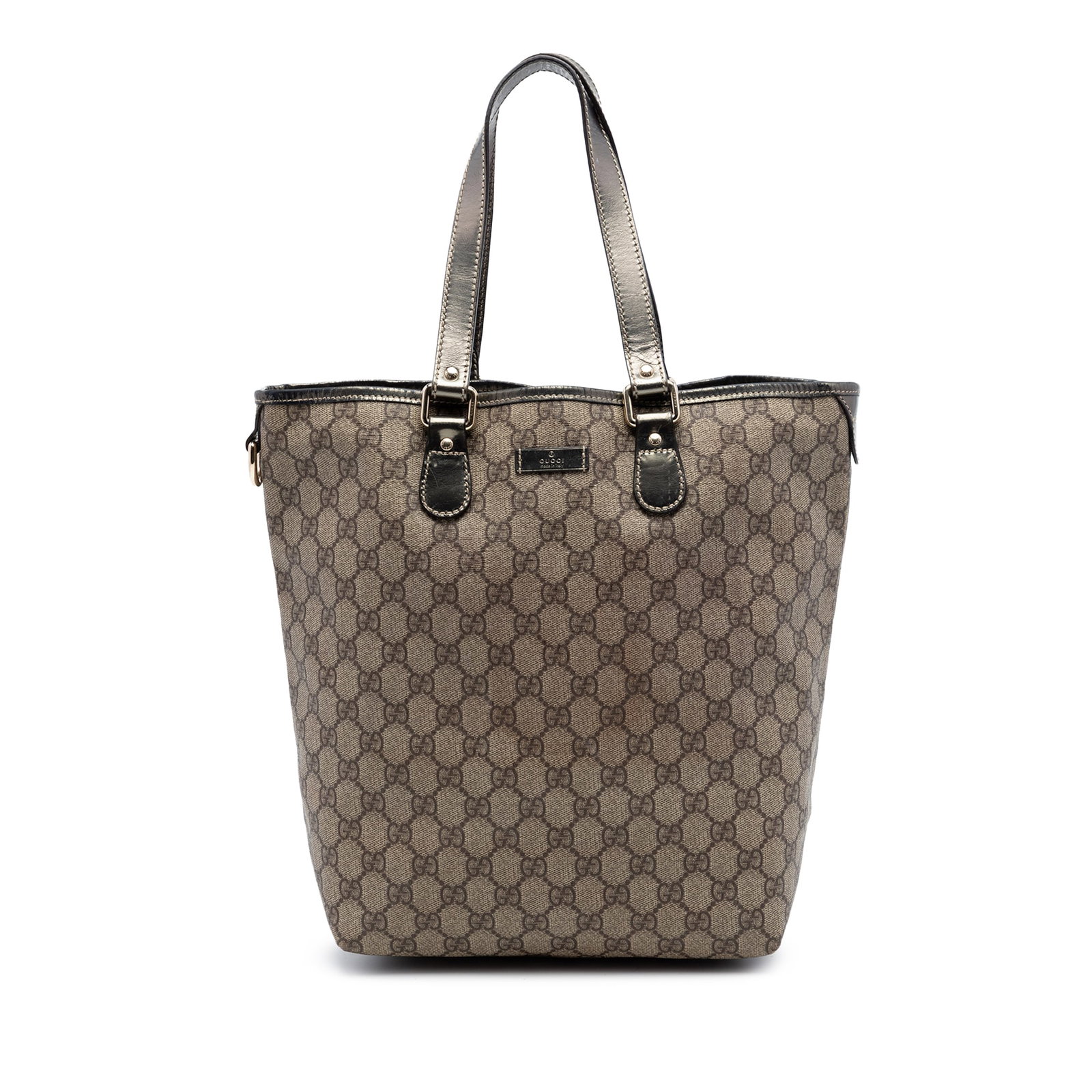 Gucci GG Supreme Beige Coated Canvas Tote Bag: Gucci GG Supreme Beige Coated Canvas Tote Bag This Gucci GG Supreme Tote features a coated canvas body with patent leather trim, flat leather handles, an open top, and an interior slip pocket. Made in
