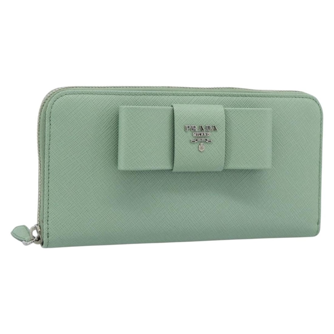 PRADA Saffiano Leather Long Wallet Green Silver Ribbon Italy: PRADA Saffiano Leather Long Wallet Green Silver Ribbon Italy Prada Ribbon long wallet in green and silver Saffiano leather. Made in Italy, it comes with the item box and guarantee card. The wallet is 