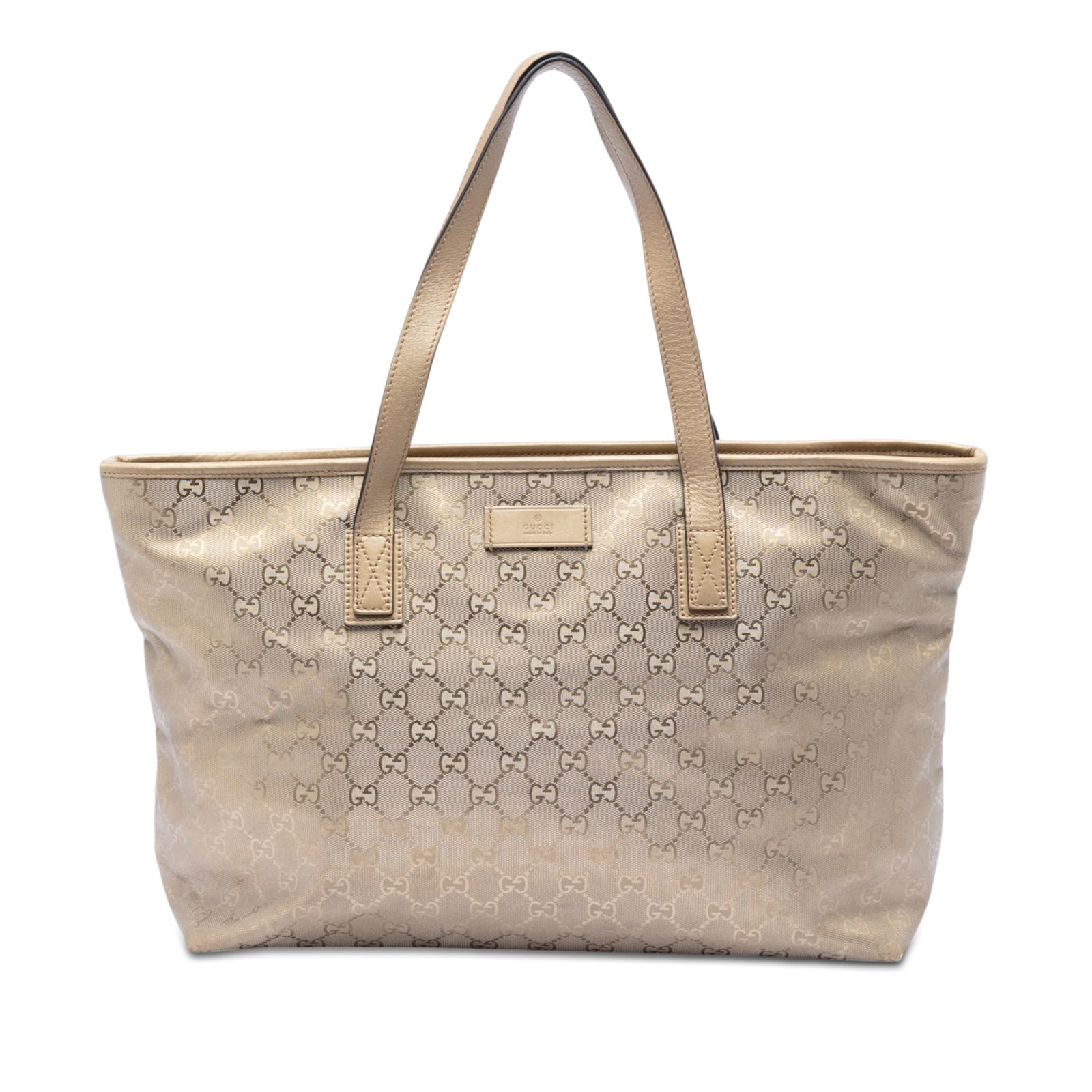 Gucci GG Imprime Medium Tote Bag Gold Coated Canvas: Gucci GG Imprime Medium Tote Bag Gold Coated Canvas This Gucci Medium GG Imprime Tote is crafted in coated canvas with leather trim, featuring flat leather straps and a top zip closure. The bag includ