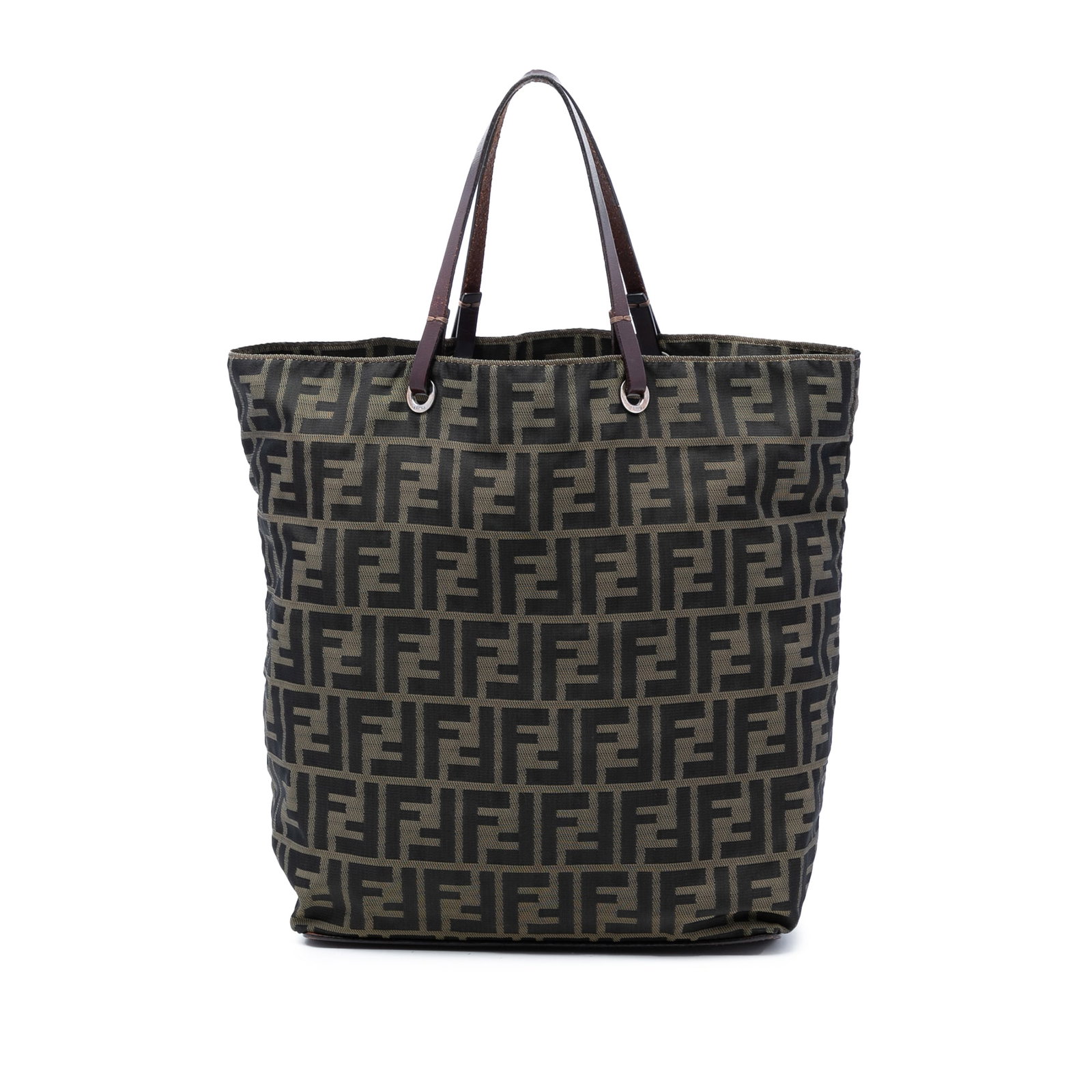 Fendi Brown Zucca Pattern Fabric Tote Bag with Leather Handles: Fendi Brown Zucca Pattern Fabric Tote Bag with Leather Handles This Fendi Zucca Canvas Tote features a brown canvas body complemented by flat leather handles and an open top design. Notable wear inclu