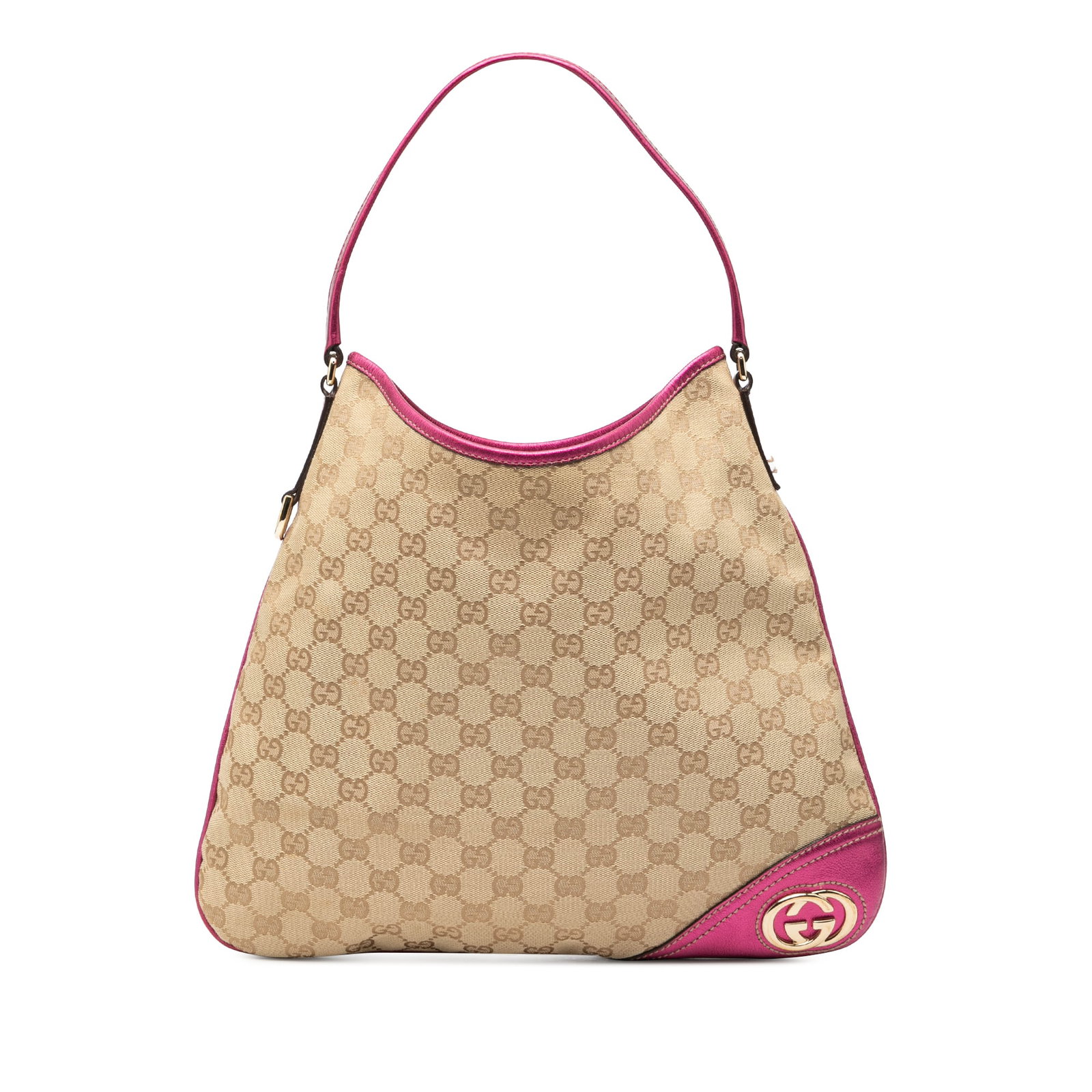 Gucci New Britt Hobo Shoulder Bag in GG Canvas and Leather: Gucci New Britt Hobo Shoulder Bag in GG Canvas and Leather This Gucci GG Canvas New Britt Hobo features a brown canvas body with a flat leather strap and an open top secured by a magnetic closure. The