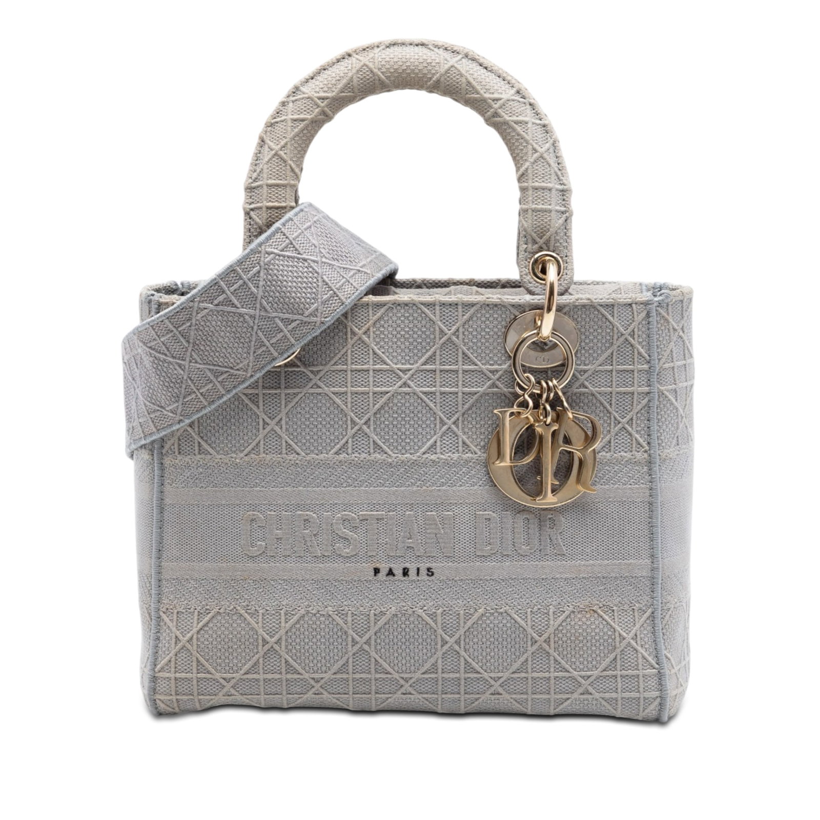 Dior Lady D-Lite Medium Gray Cannage Canvas Handbag: Dior Lady D-Lite Medium Gray Cannage Canvas Handbag Medium Lady D-Lite handbag in gray canvas with Cannage detailing. This bag features flat top handles, a detachable strap, a top flap, and interior z