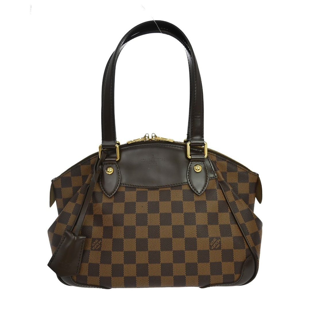 Louis Vuitton Verona PM Brown Damier Top Handle Bag N41117: Louis Vuitton Verona PM Brown Damier Top Handle Bag N41117 Vintage Louis Vuitton Verona PM handbag in brown Damier canvas with leather trim and a red lining. This top handle bag features a zip closure