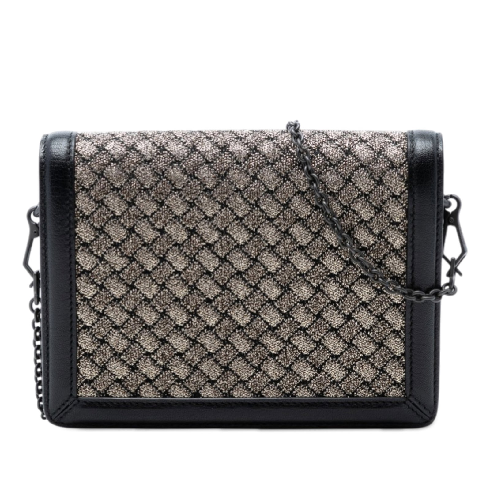 Bottega Veneta Montebello Black Leather Metallic Knit Crossbody: Bottega Veneta Montebello Black Leather Metallic Knit Crossbody This Bottega Veneta Mini Leather and Metallic Knit Intrecciato Montebello Crossbody features a combination of polyester and leather in a
