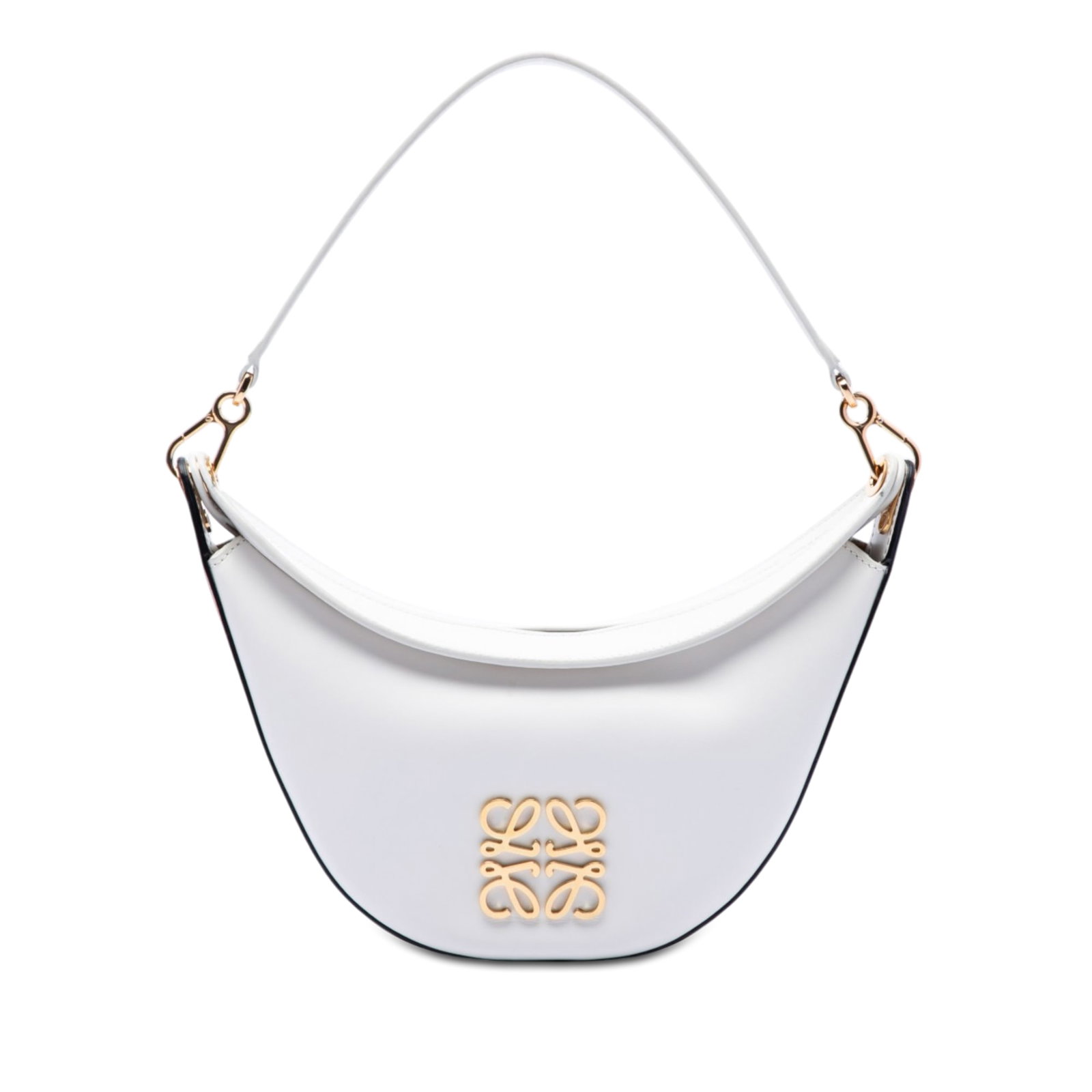 LOEWE Luna Hobo Bag in White Leather Anagram: LOEWE Luna Hobo Bag in White Leather Anagram LOEWE Luna Hobo Bag in white leather, made in Spain. It features a leather body, a detachable flat leather strap, an open top with snap closure, and an int