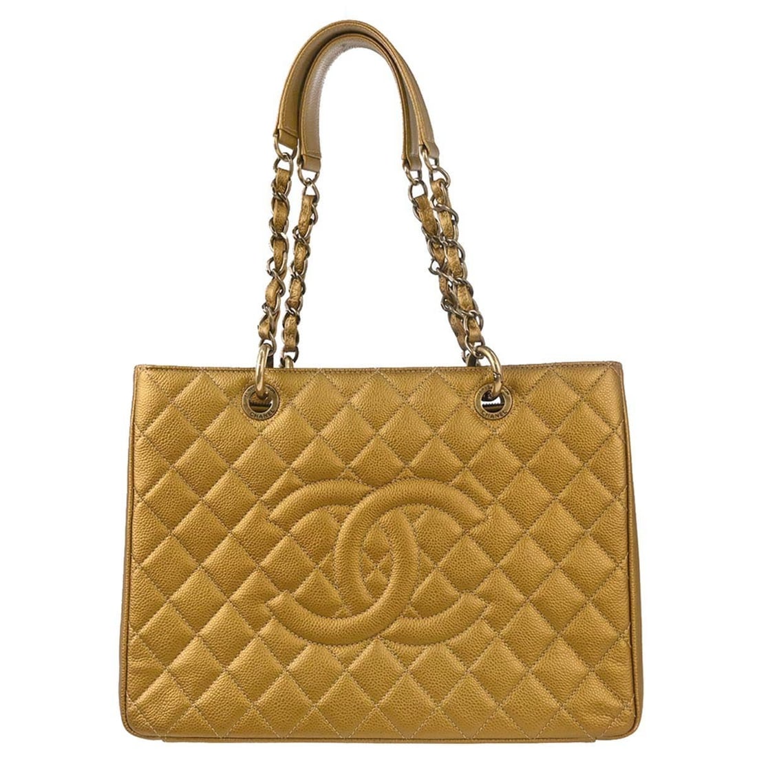 CHANEL GST Grand Shopping Tote Gold Caviar Leather Chain Bag: CHANEL GST Grand Shopping Tote Gold Caviar Leather Chain Bag Chanel Grand Shopping Tote GST chain handbag in gold caviar skin leather. This large tote features double handles, logo accents, an exterio